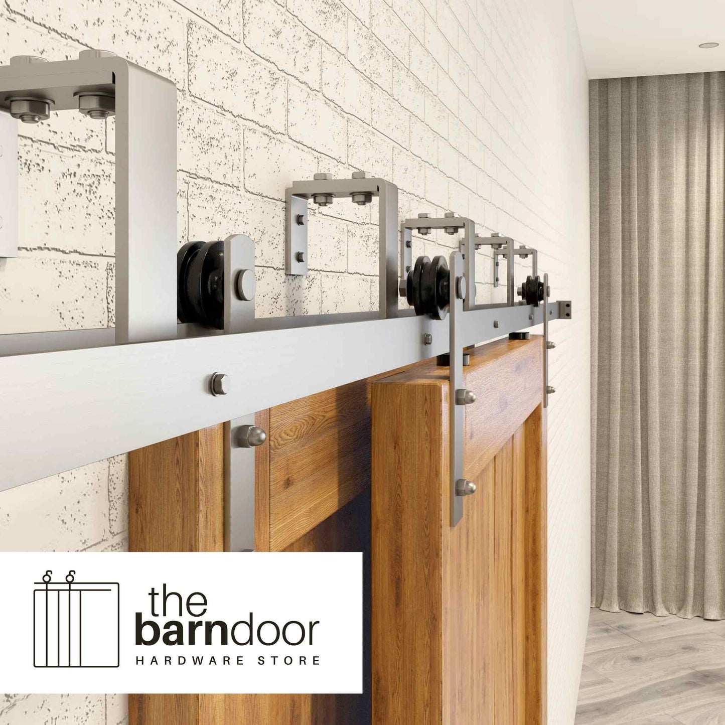 Straight Brushed Nickel Double Track Bypass Barn Door Hardware Kit