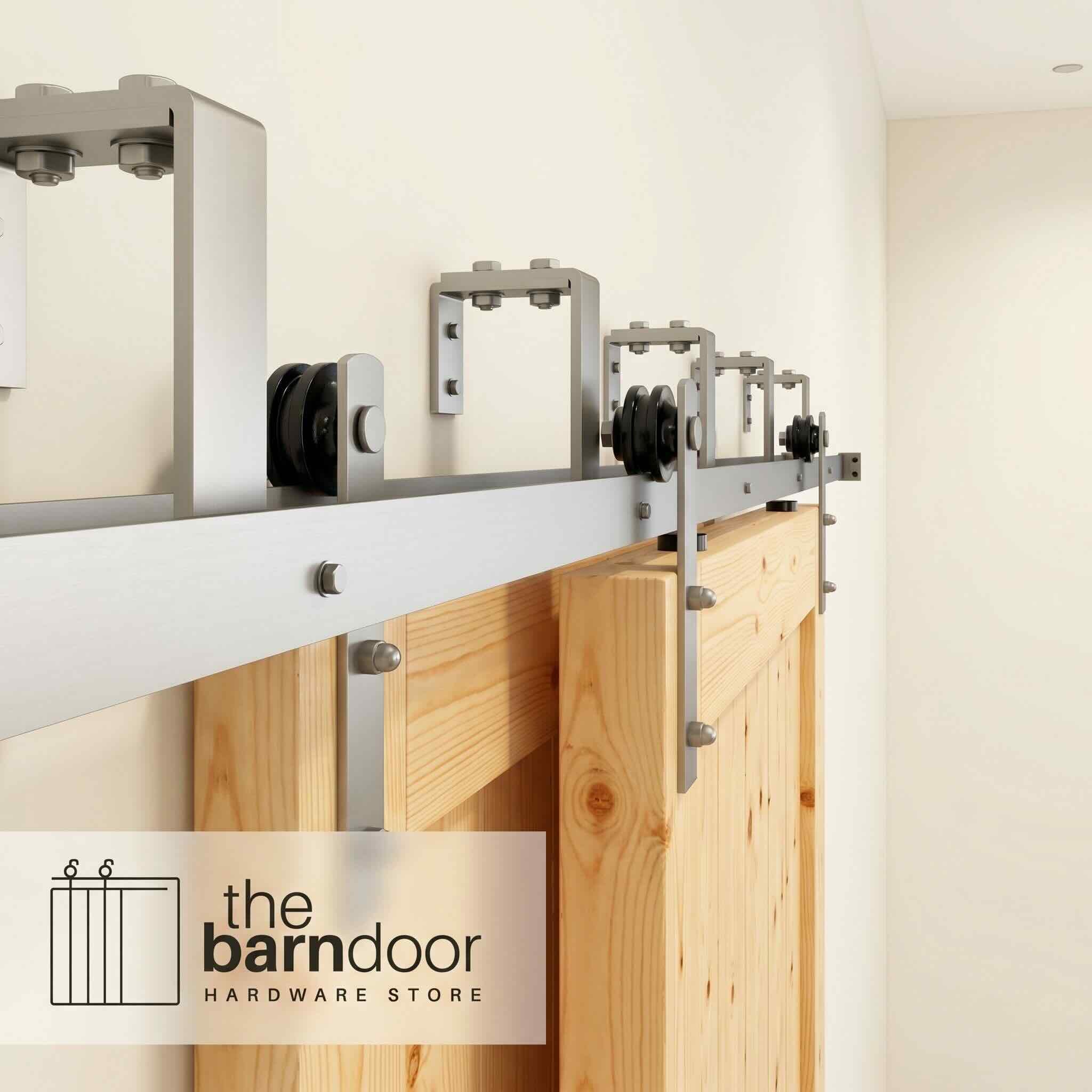 Straight Brushed Nickel Double Track Bypass Barn Door Hardware Kit