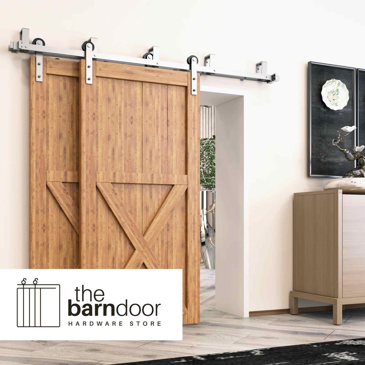 Straight Brushed Nickel Double Track Bypass Barn Door Hardware Kit