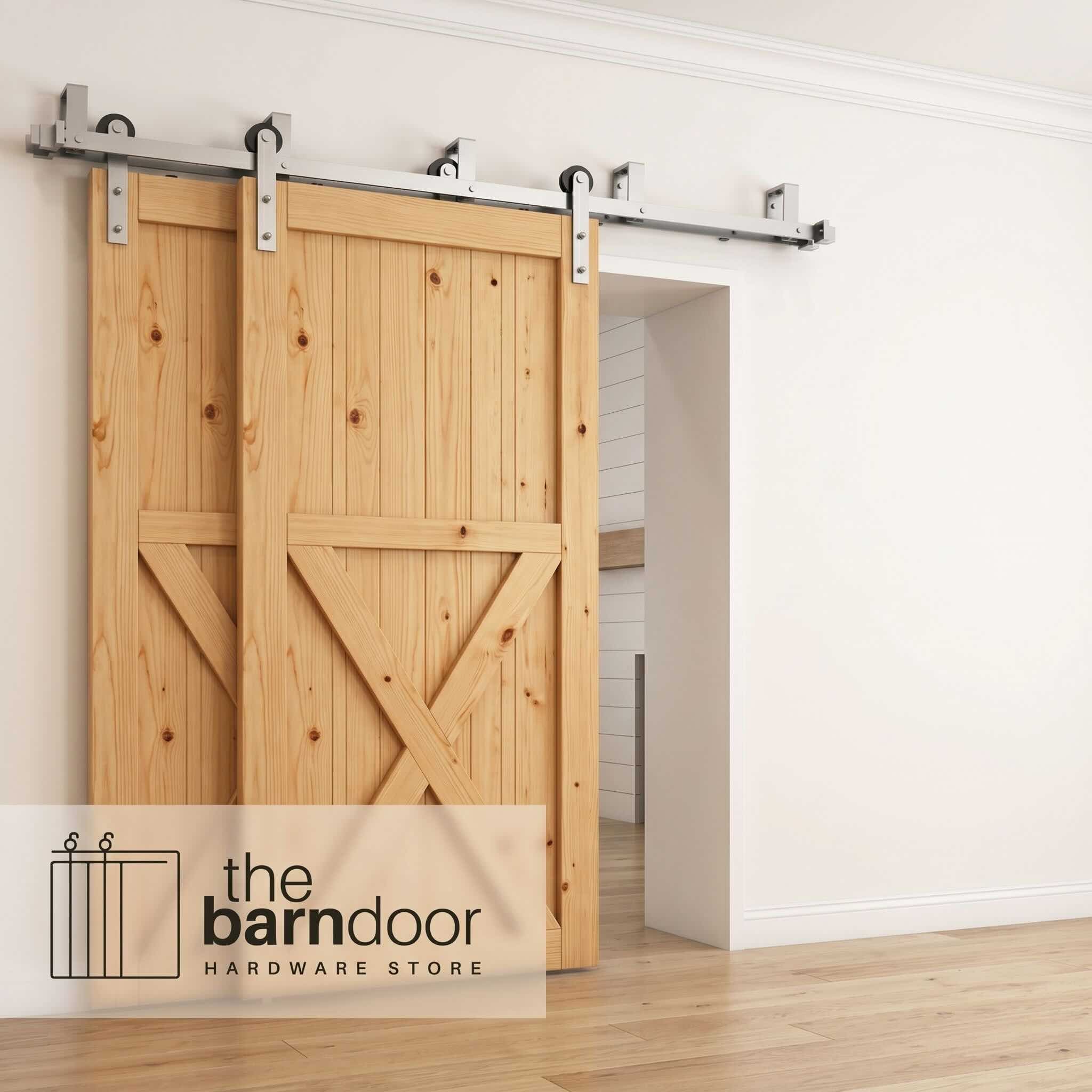 Straight Brushed Nickel Double Track Bypass Barn Door Hardware Kit