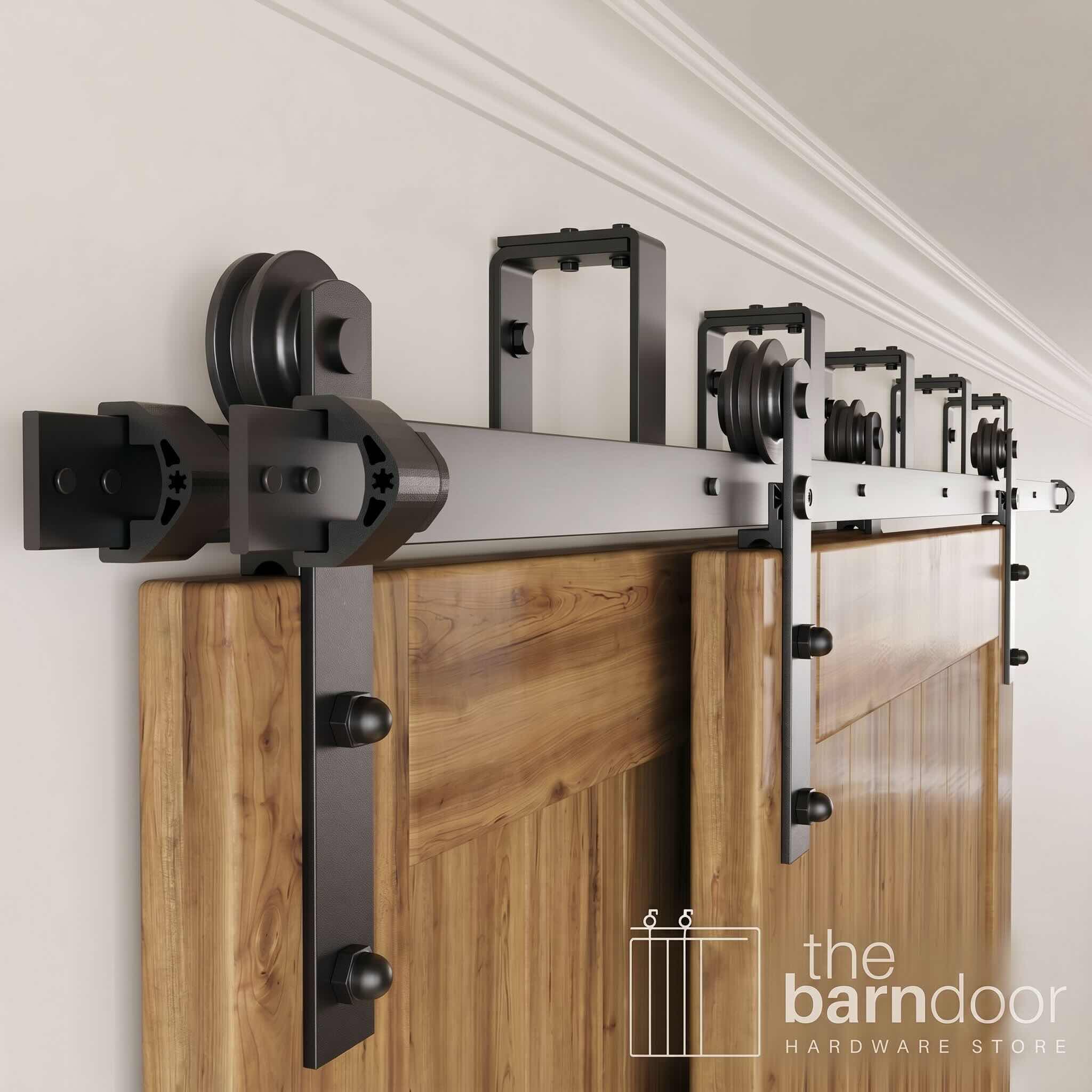 Straight Strap Black Double Track Bypass Barn Door Hardware Kit