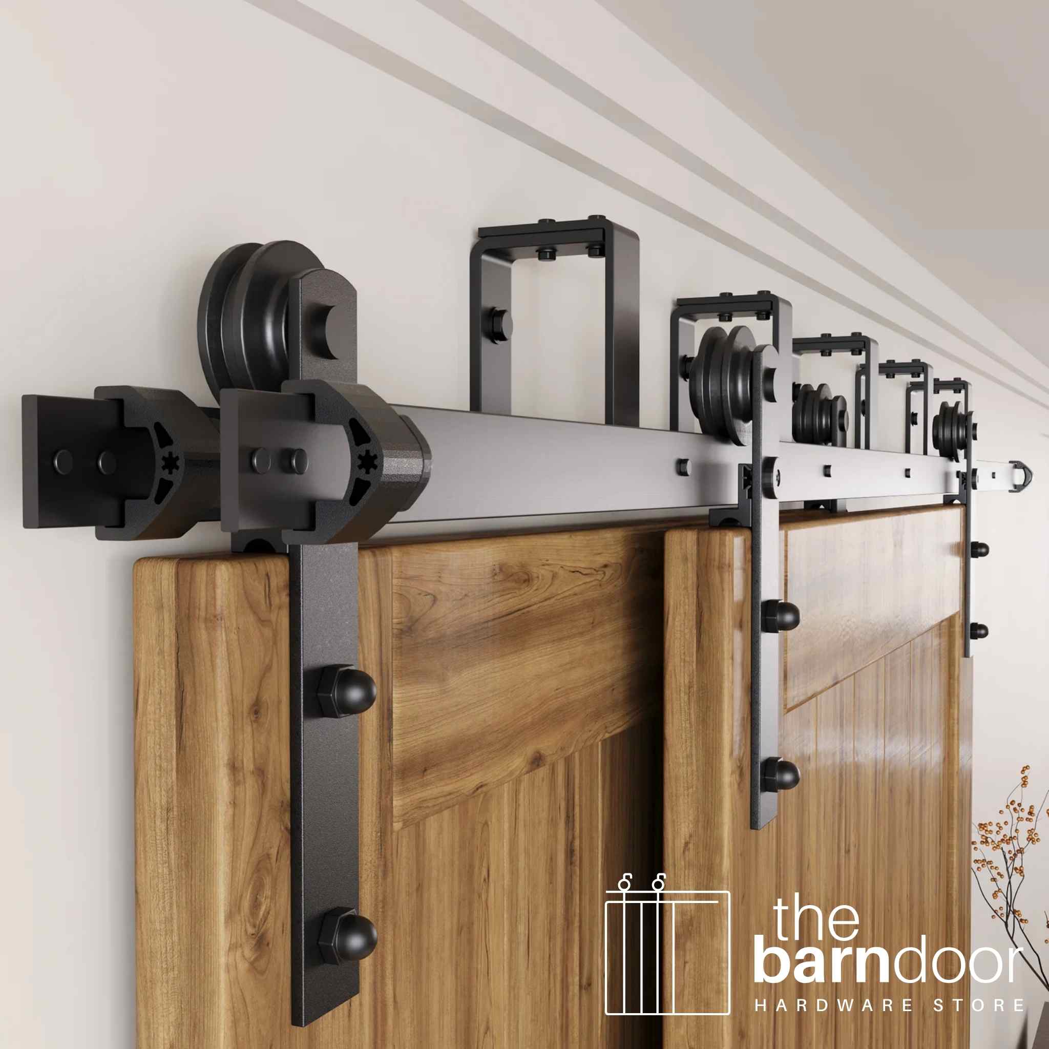 Straight Strap Black Double Track Bypass Barn Door Hardware Kit