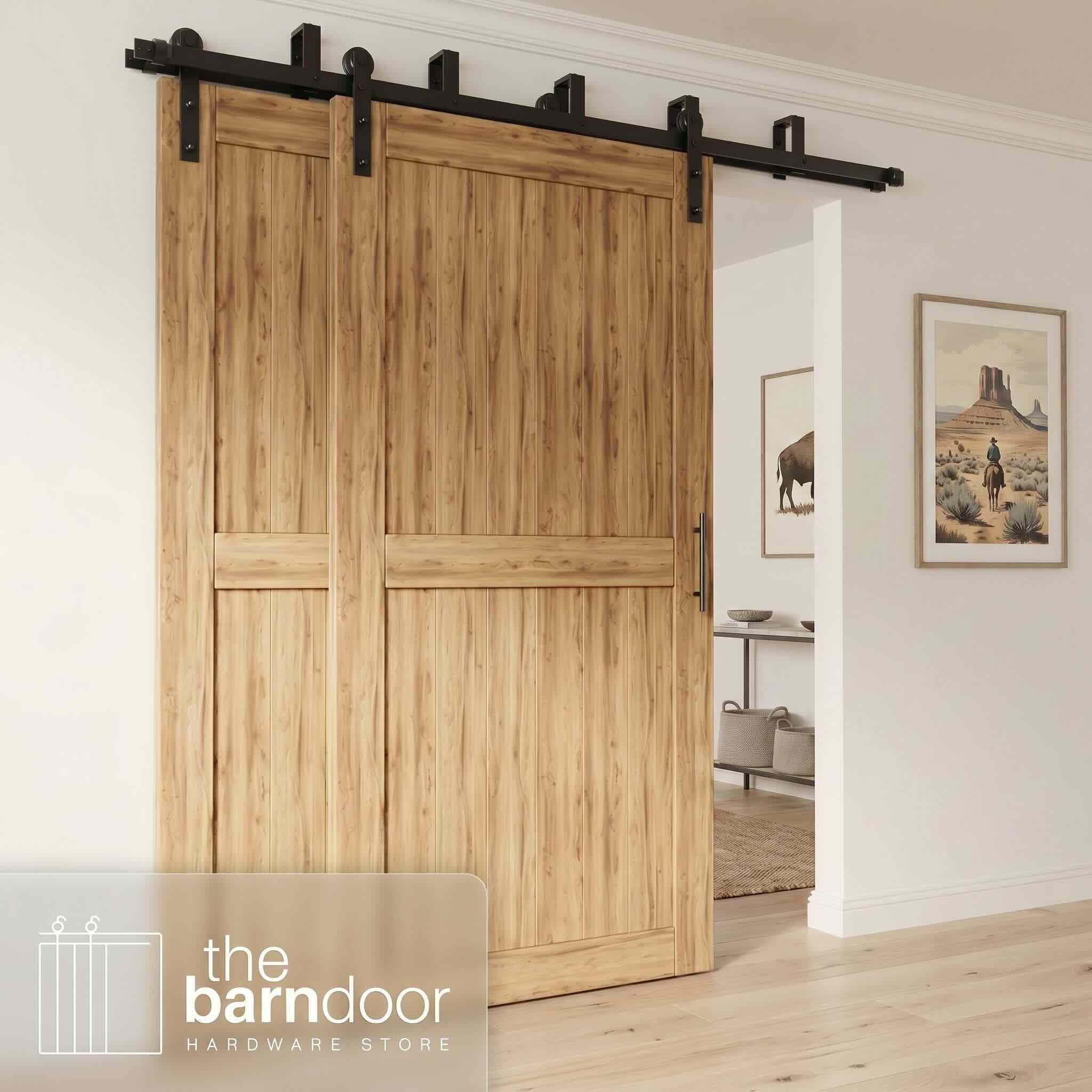 Straight Strap Black Double Track Bypass Barn Door Hardware Kit
