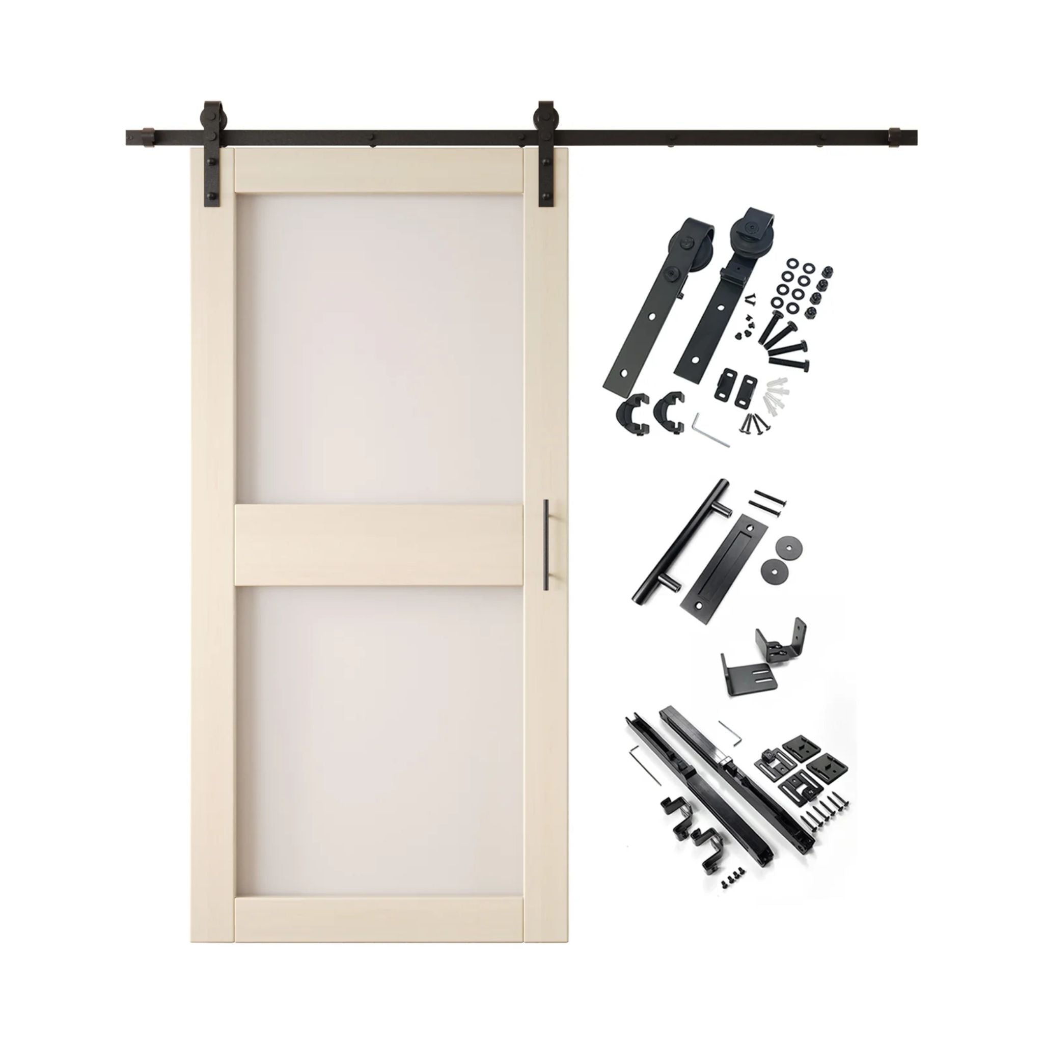 Tinsmith gray 2-panel barn door kit with wooden door and hardware components on a white background