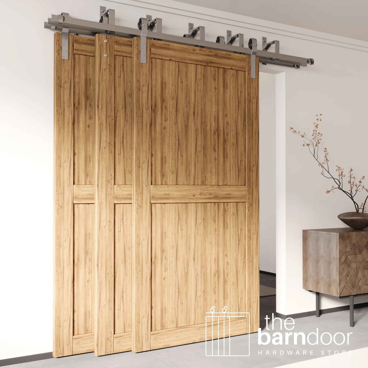 Triple Track Bypass Barn Door Hardware Brushed Nickel