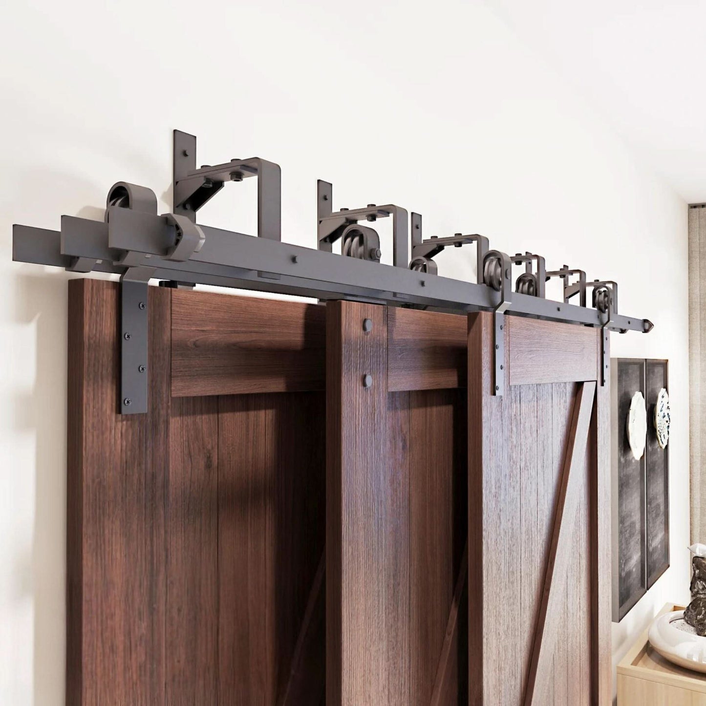 J-Strap Triple Track Bypass Barn Door Hardware Kit in matte black, showing three barn doors on a multi-track system.