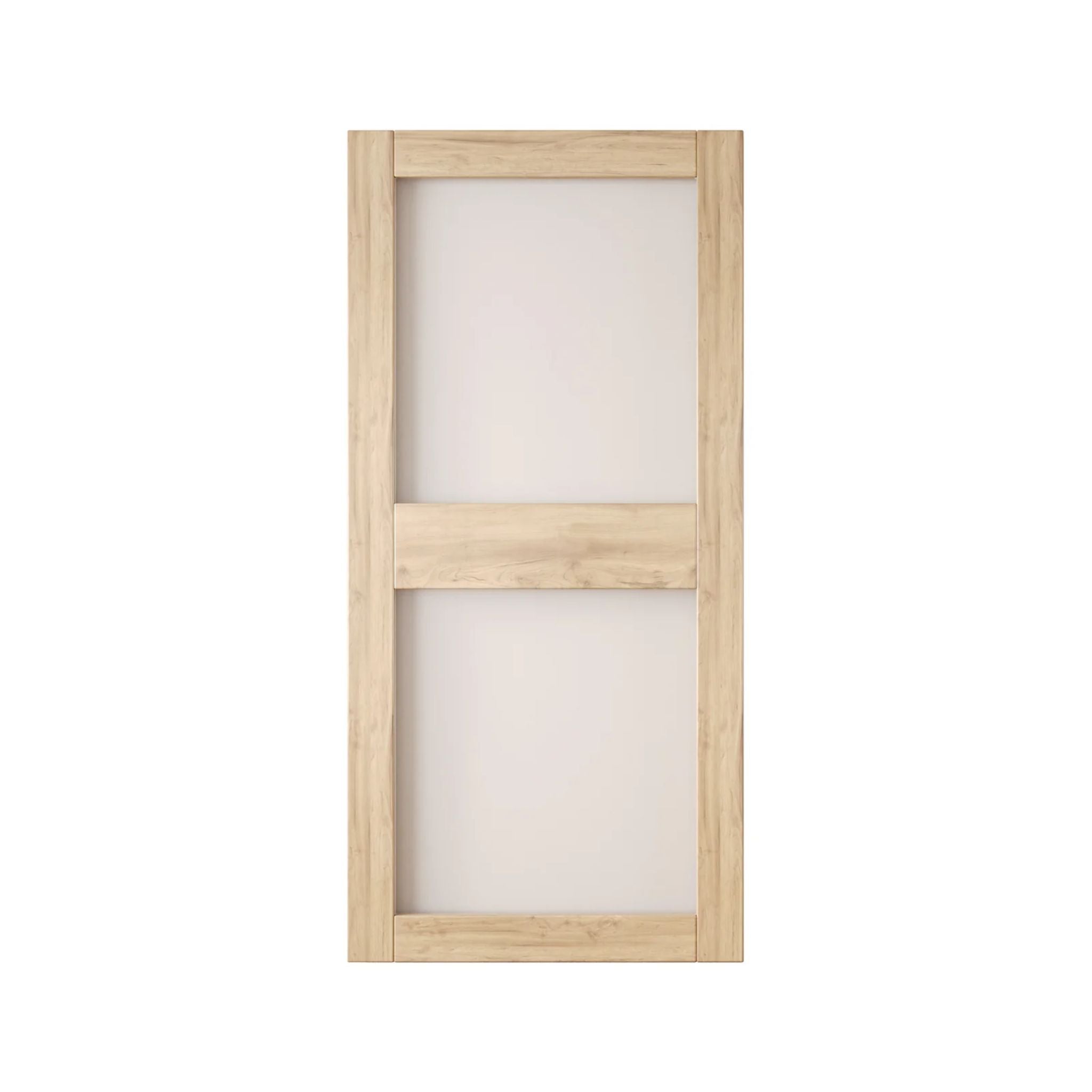 Wooden barn door with glass panels on a white background