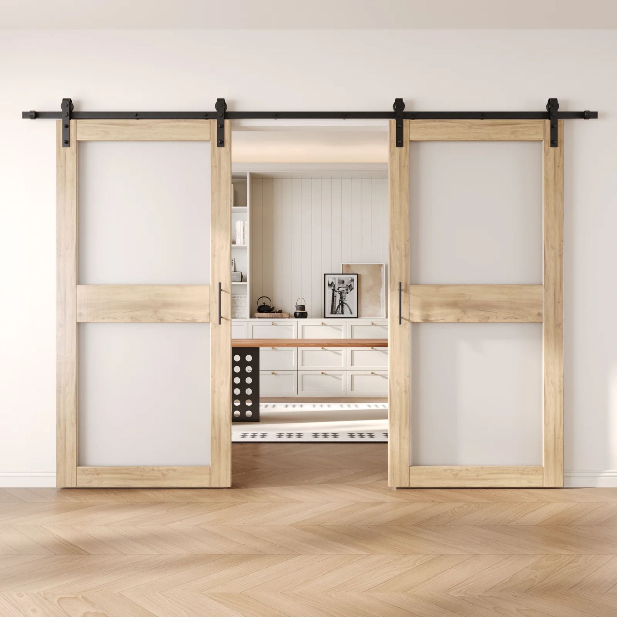 Unfinished wooden sliding glass panel barn doors with black hardware in a modern interior setting.