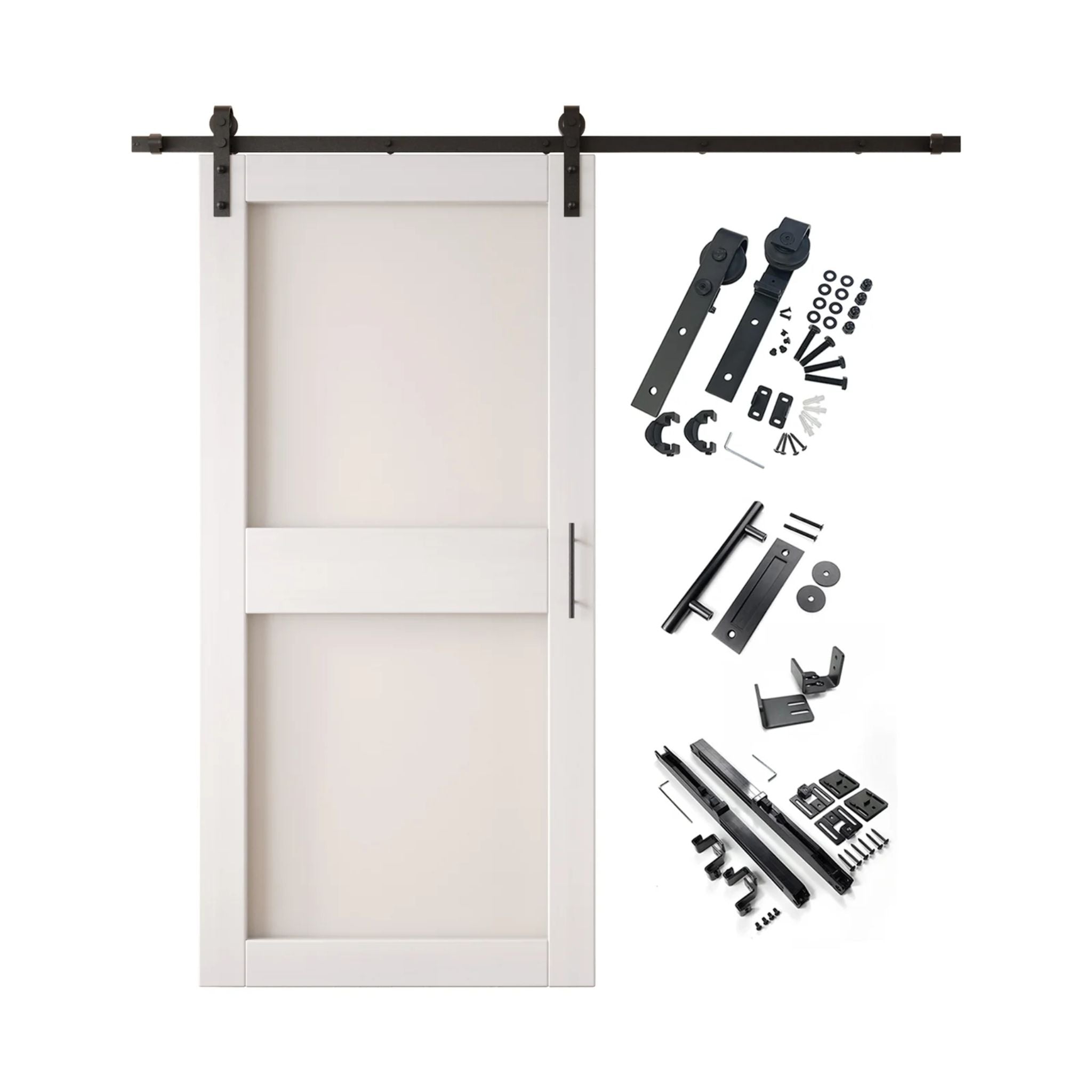 White 2-panel barn door kit with wooden door and hardware components on a white background
