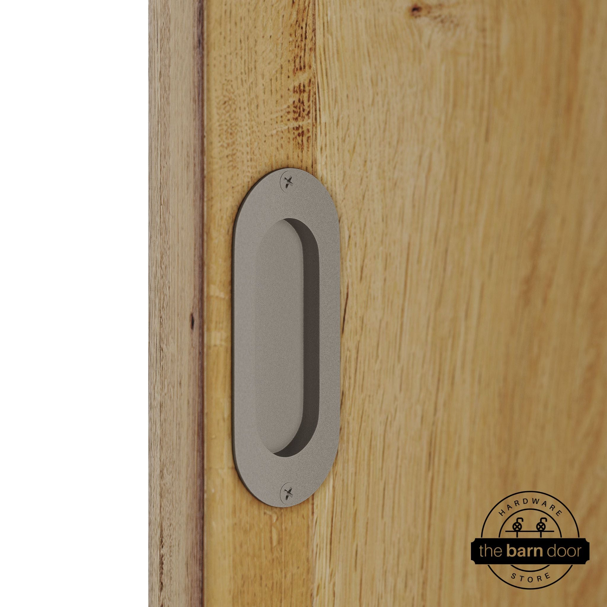 Wooden door with a white bronze flush pull handle.