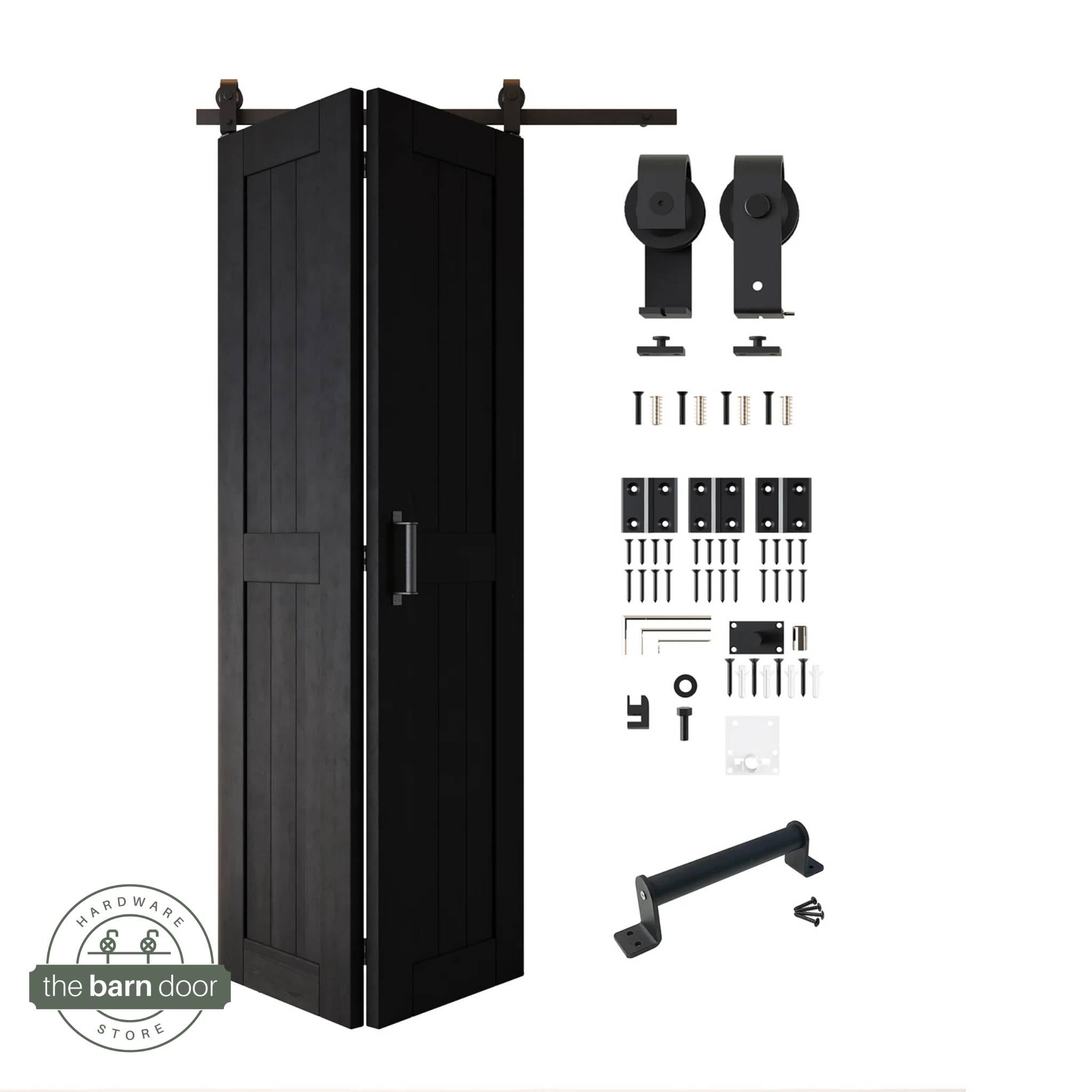 Full kit contents: Partially folded black finished 2-door bifold panels shown next to all hardware components (rollers, track, screws, handle) in Matte Black.