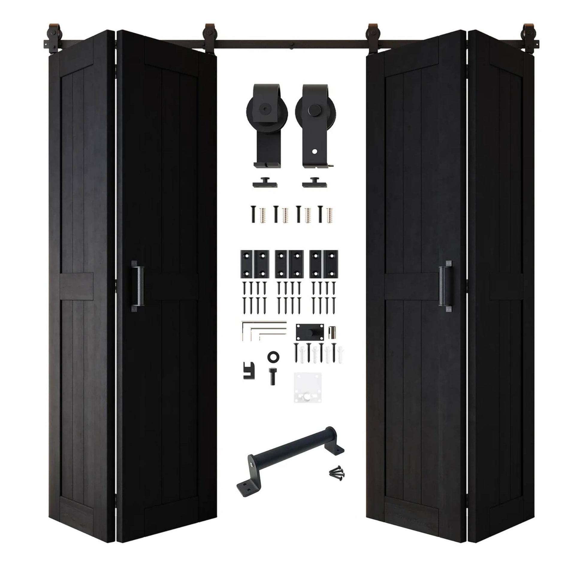 Full kit contents: Four open and partially folded Black bifold door panels shown with all accompanying Matte Black top-mount hardware components.