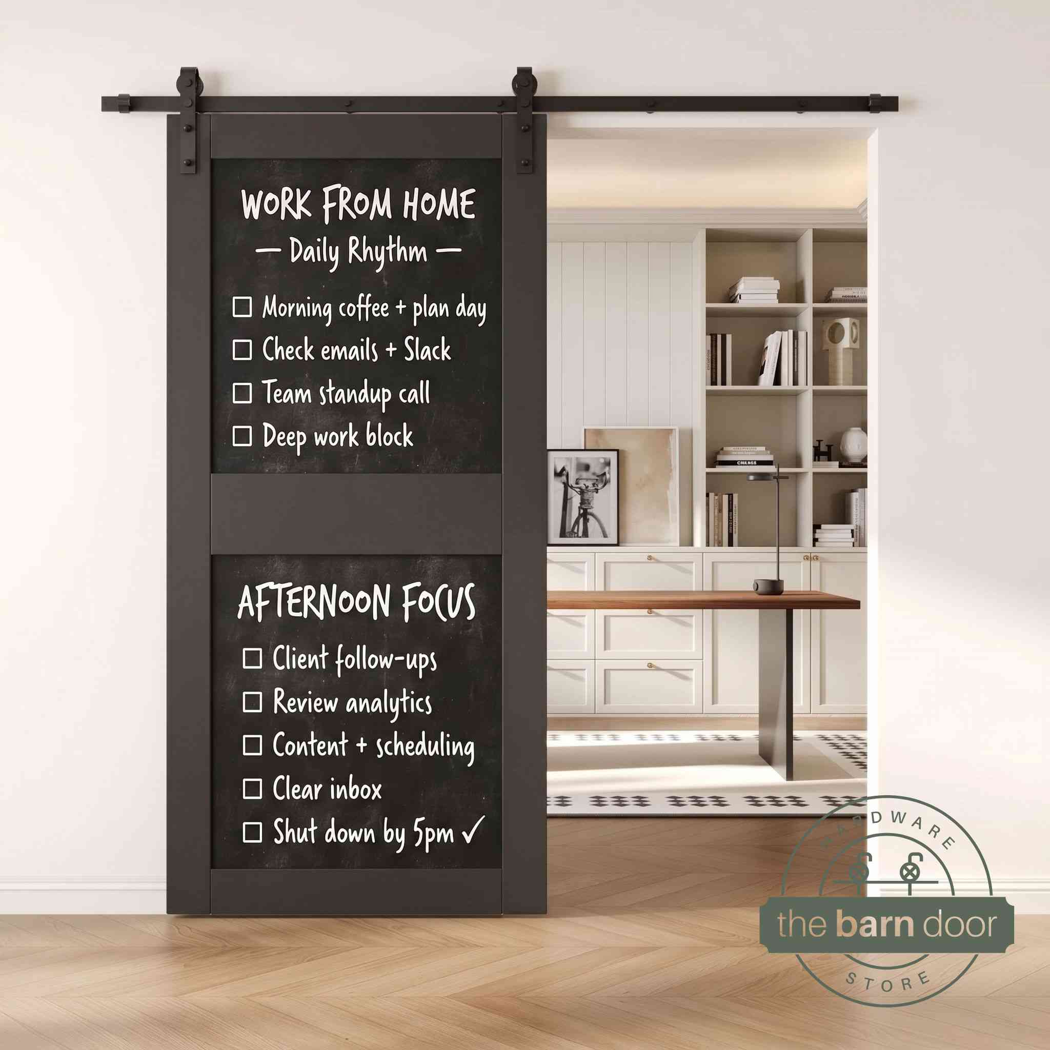 A black two-panel chalkboard barn door mounted on a sleek black sliding track, shown partially open to reveal a modern home office with built-in white shelving.