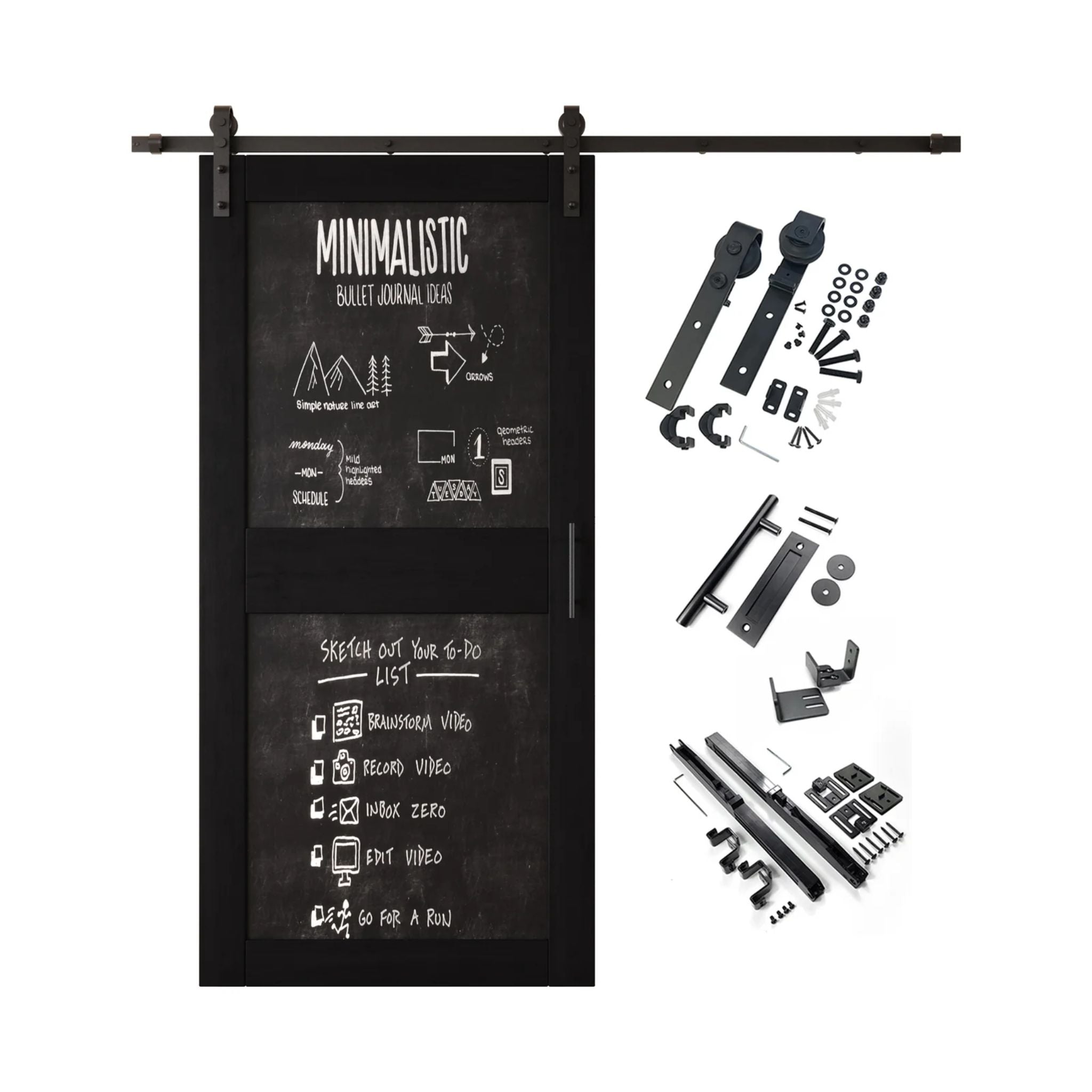 Black barn door kit with black chalkboard surface and hardware components on a white background