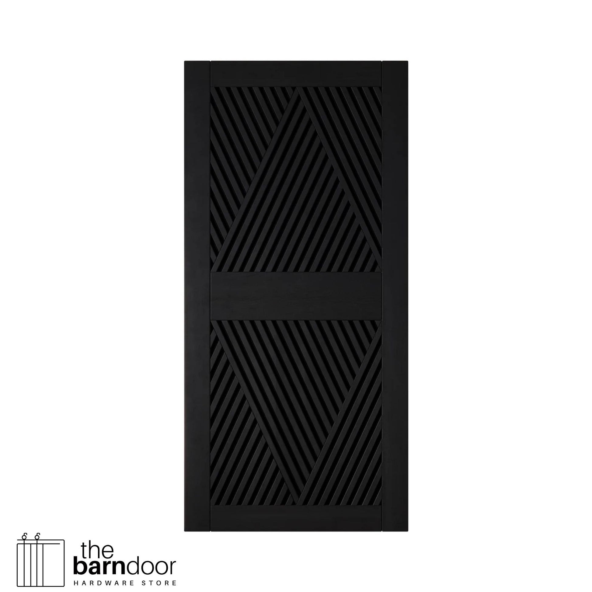 Close-up studio shot of a single black barn door panel featuring a striking slatted diamond geometric pattern.