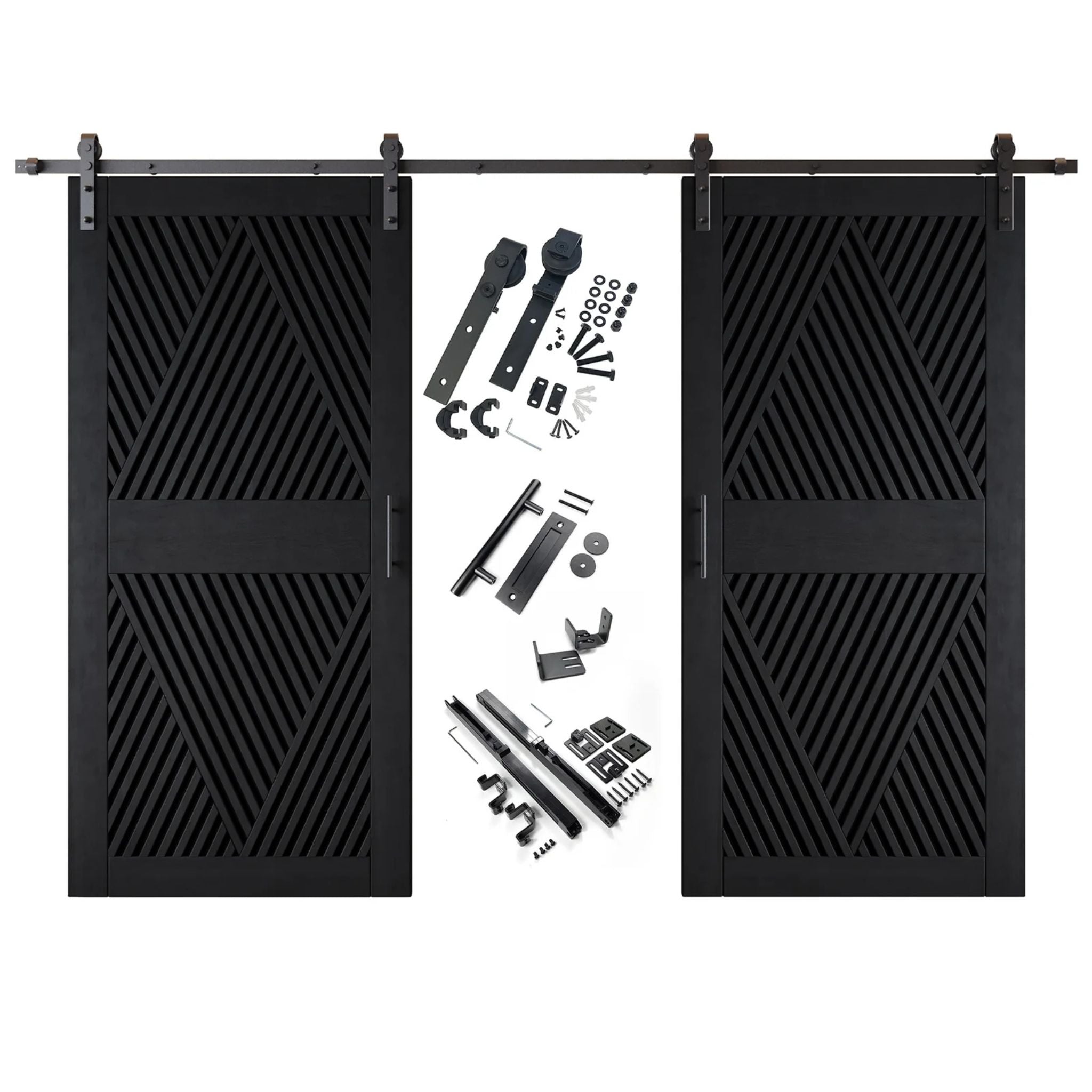 A complete double barn door kit featuring two black doors with an intricate diamond slat pattern. The black sliding track, rollers, handle, and all mounting components are displayed in the center between the two doors.