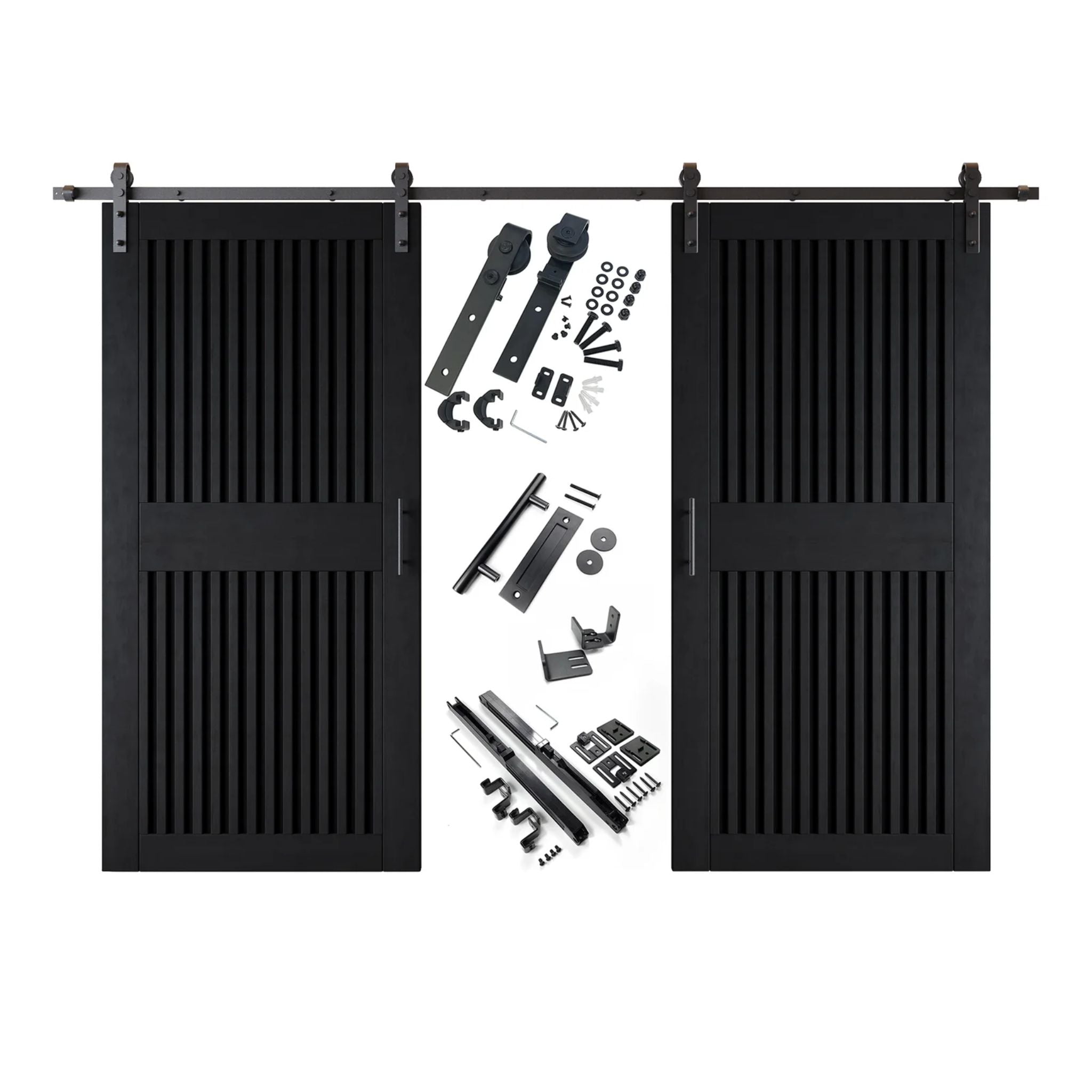 Black vertical slat barn door set with hardware components on a white background