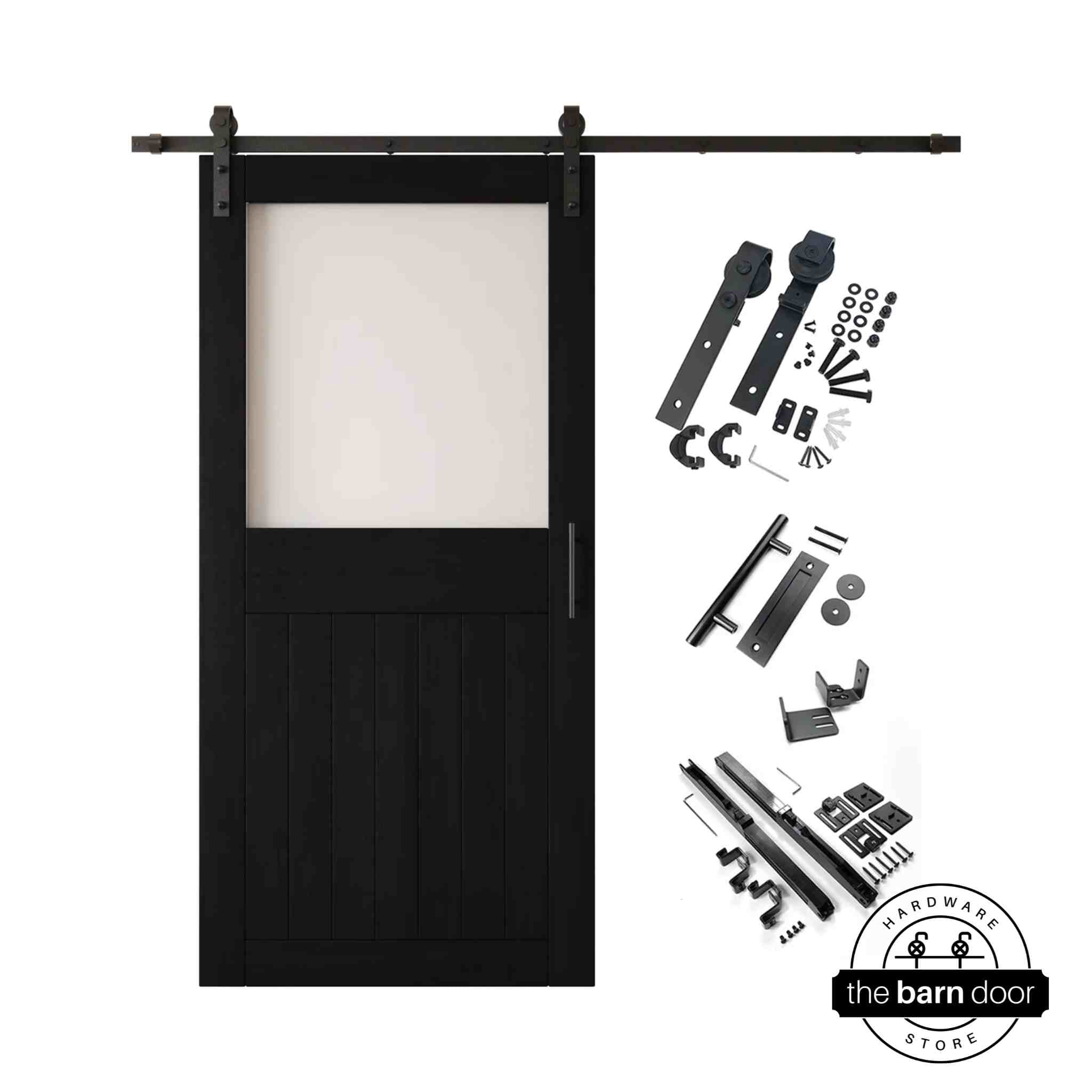 Black half-lite barn door kit with wooden door, hardware, and components on a white background