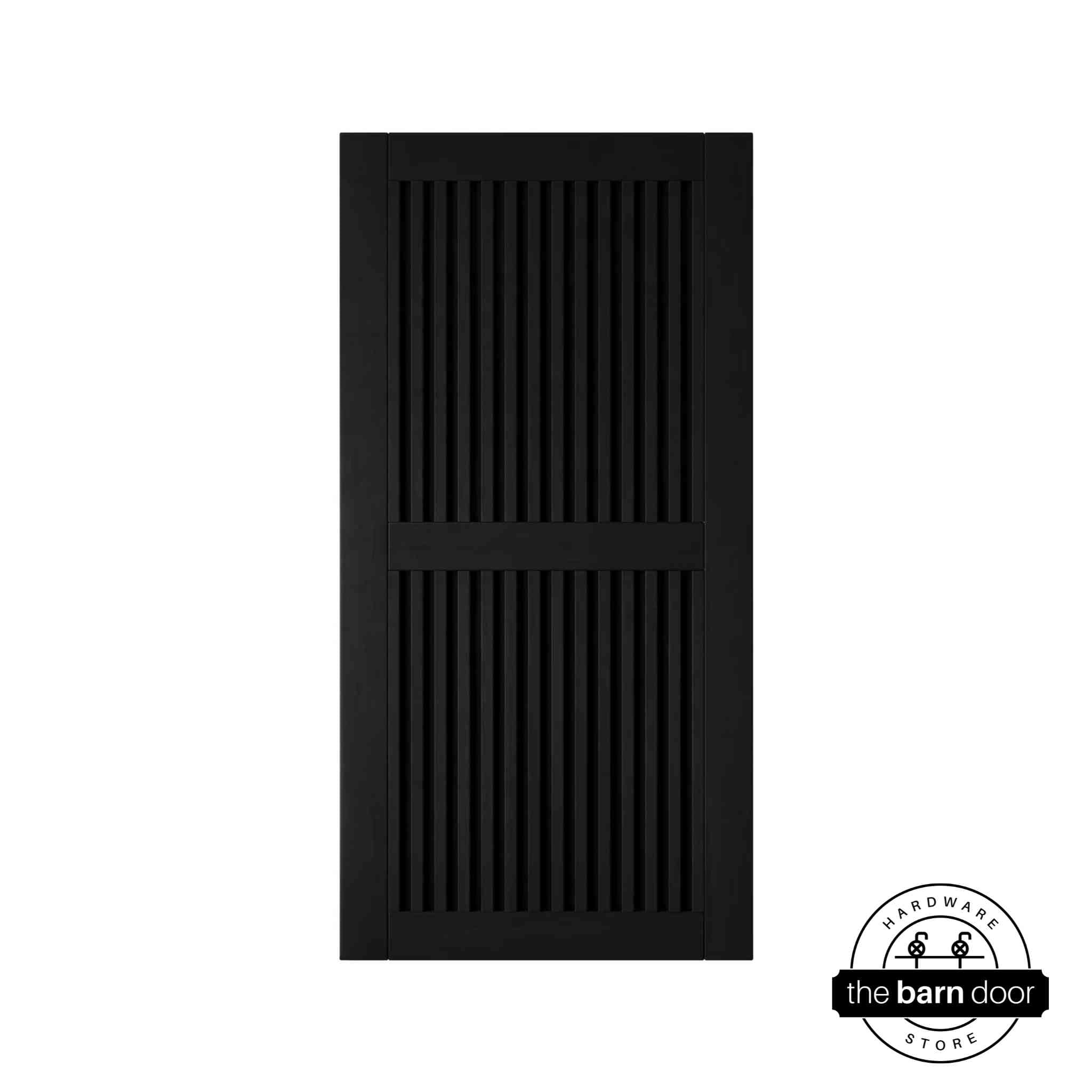 Black wooden door with slatted design on a white background