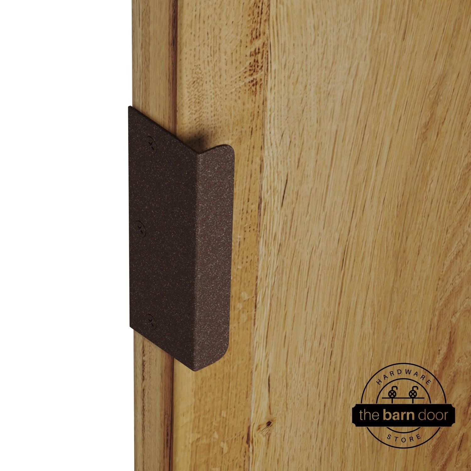 Bronze sliding barn door edge pull handle on natural wood door edge