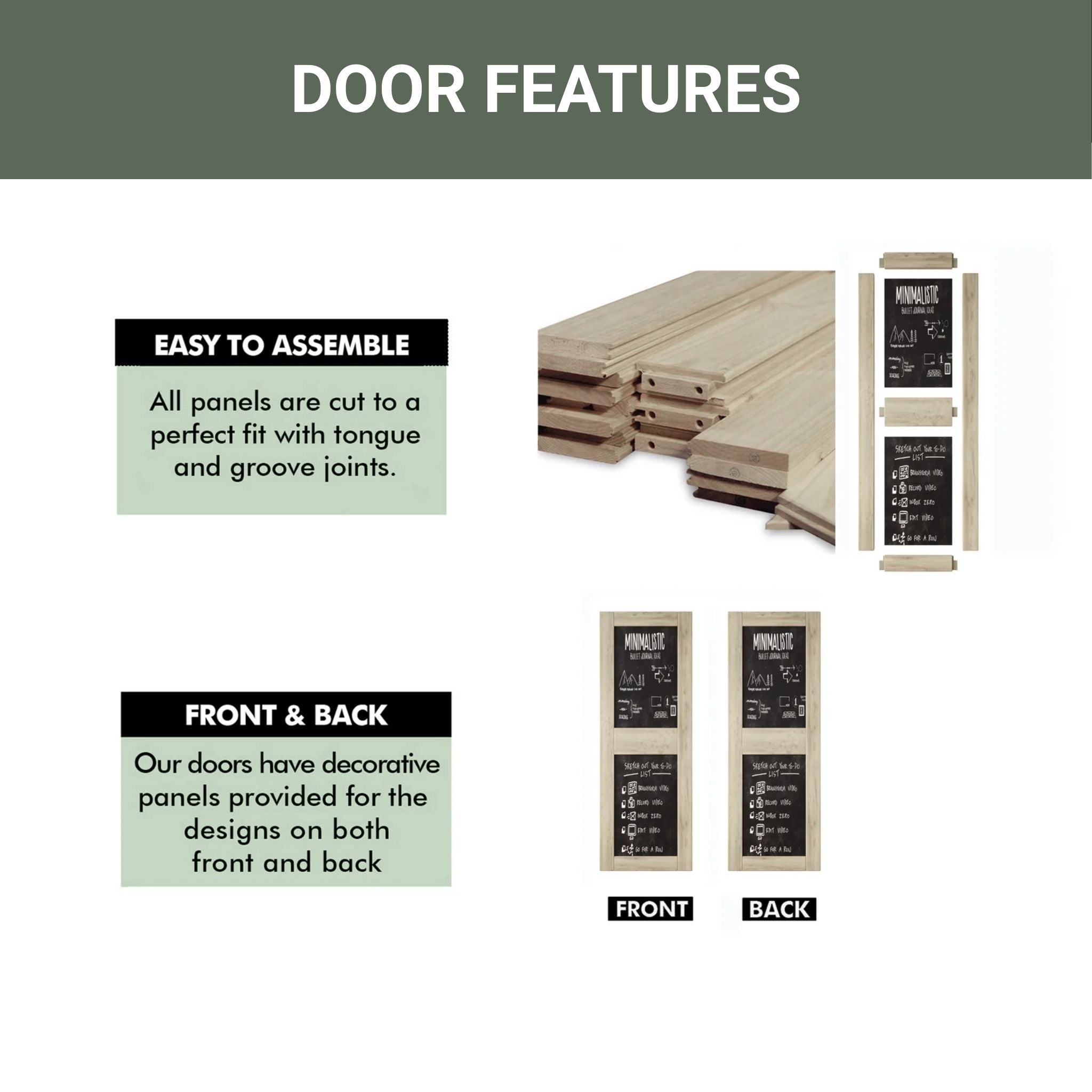 Wooden door panels with assembly instructions and design features on a white background.