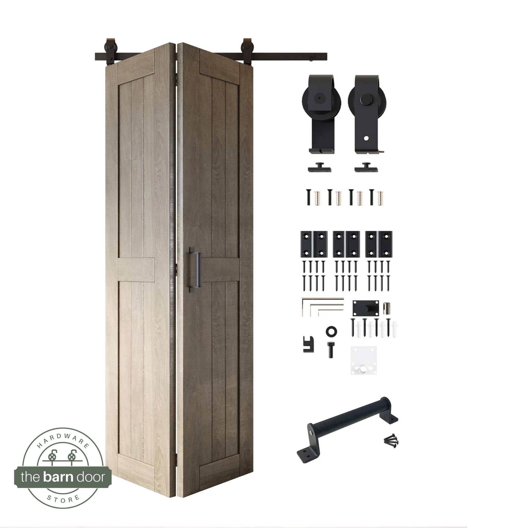 Full kit contents: Partially folded Classic Gray finished 2-door bifold panels shown next to all hardware components (rollers, track, screws, handle) in Matte Black.