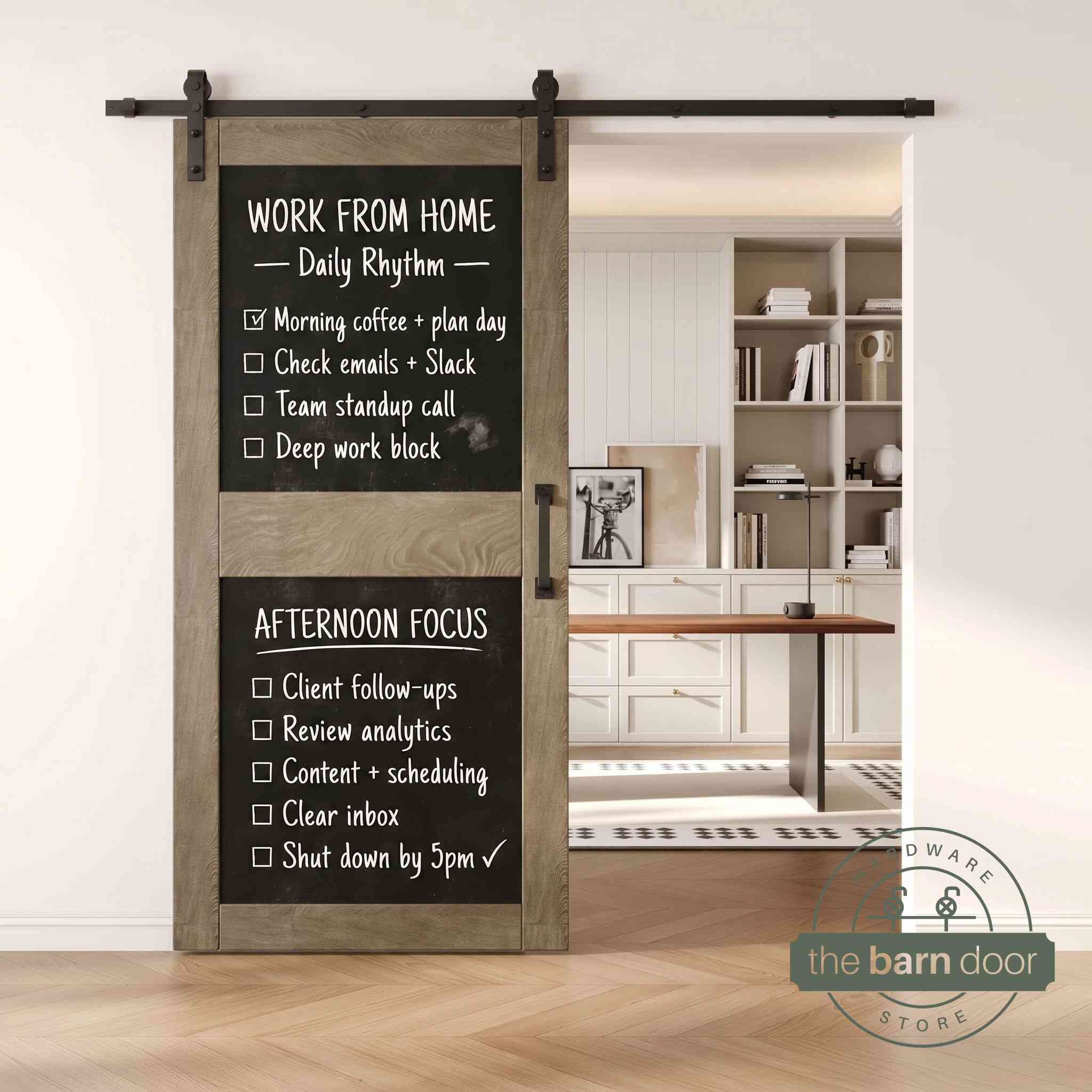 A classic gray two-panel chalkboard barn door mounted on a sleek black sliding track, shown partially open to reveal a modern home office with built-in white shelving.