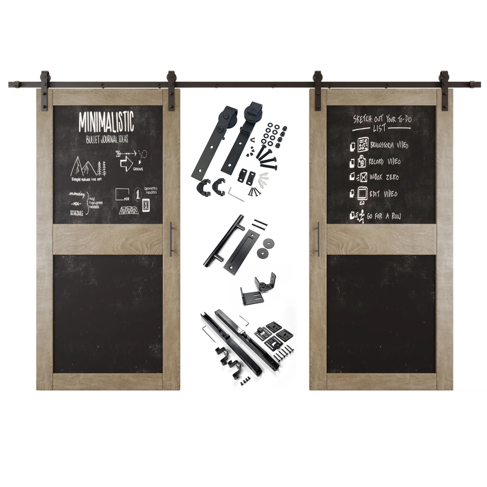 Classic gray barn door set with black chalkboard panels and hardware components on a white background