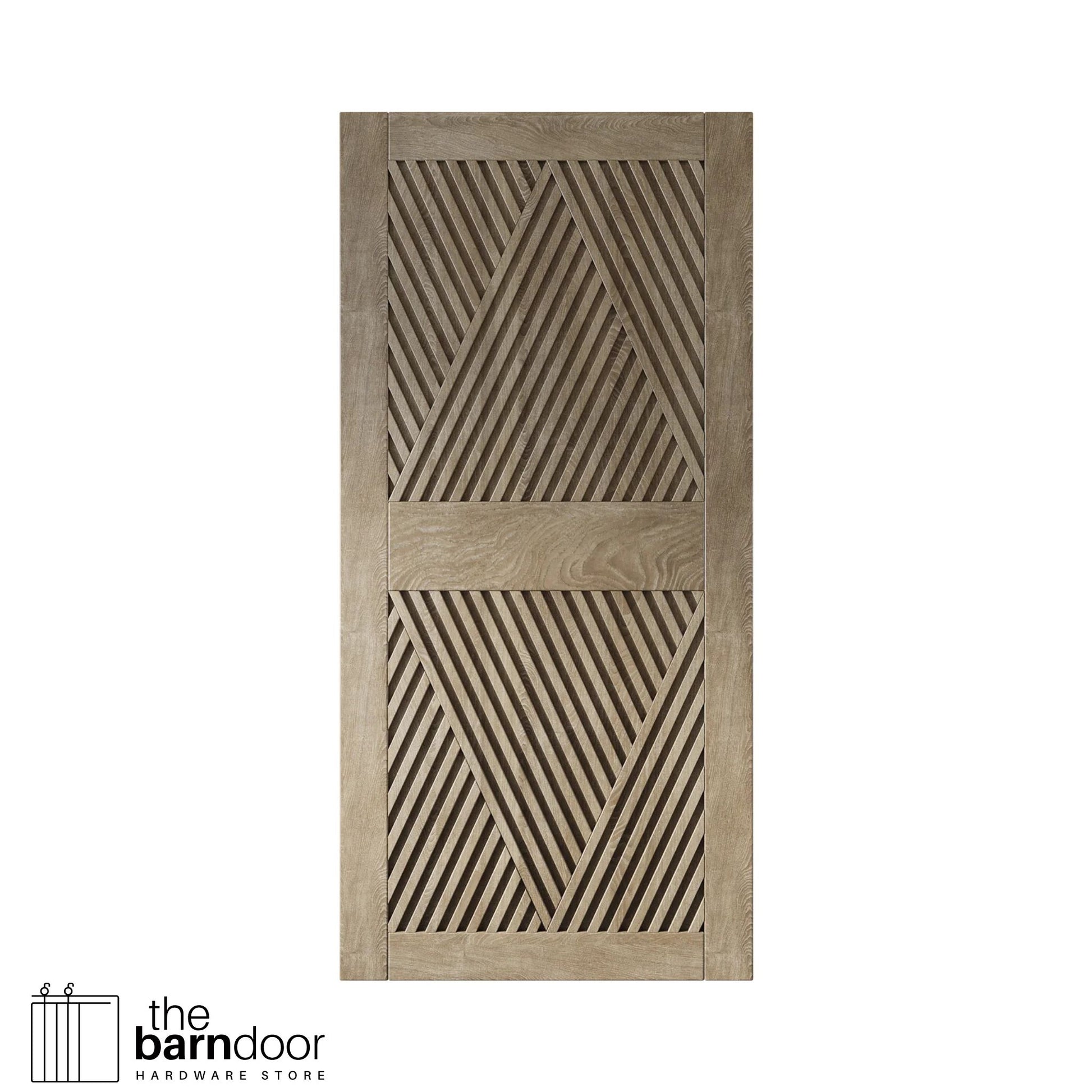 Close-up studio shot of a single Classic Gray barn door panel featuring a striking slatted diamond geometric pattern.