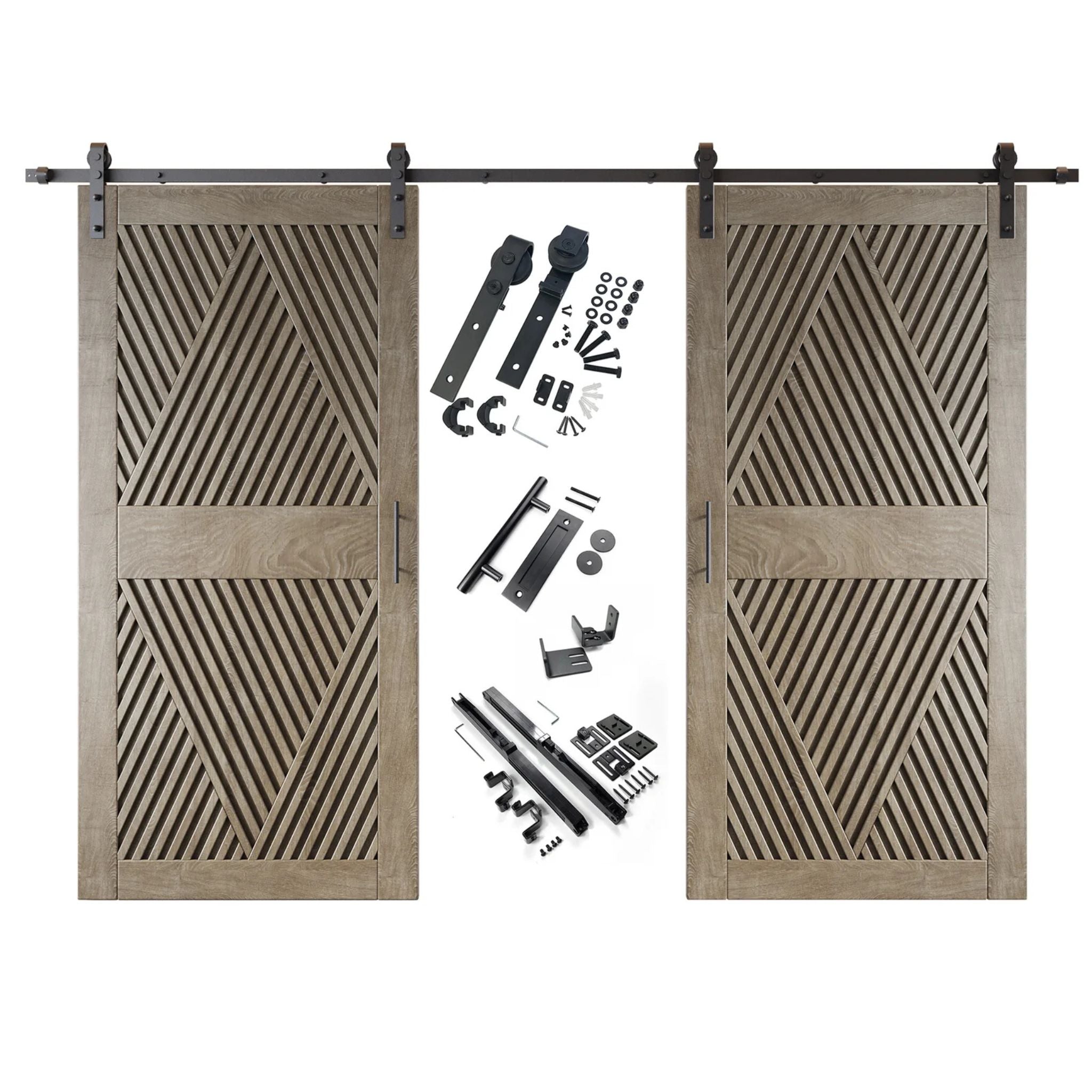A complete double barn door kit featuring two classic gray doors with an intricate diamond slat pattern. The black sliding track, rollers, handle, and all mounting components are displayed in the center between the two doors.