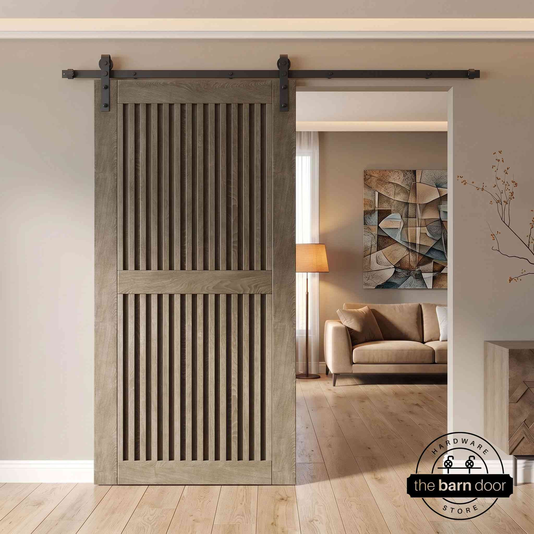 Classic gray wooden sliding door in a modern interior setting with a fireplace.