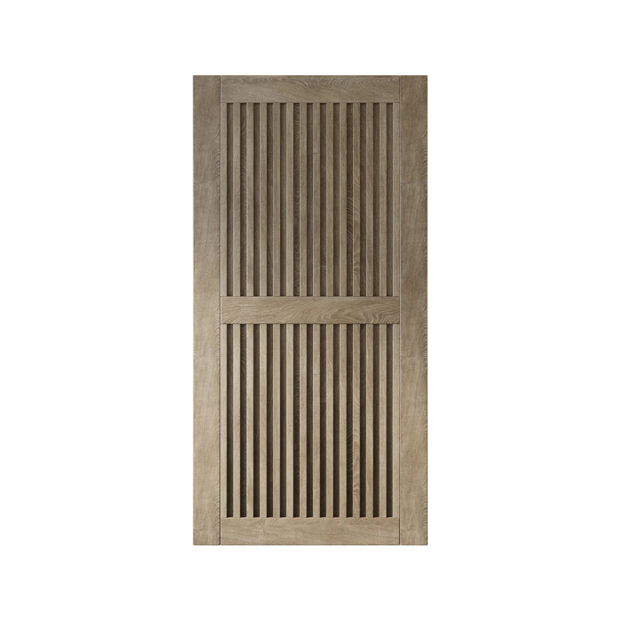Classic gray wooden door with slatted design on a white background