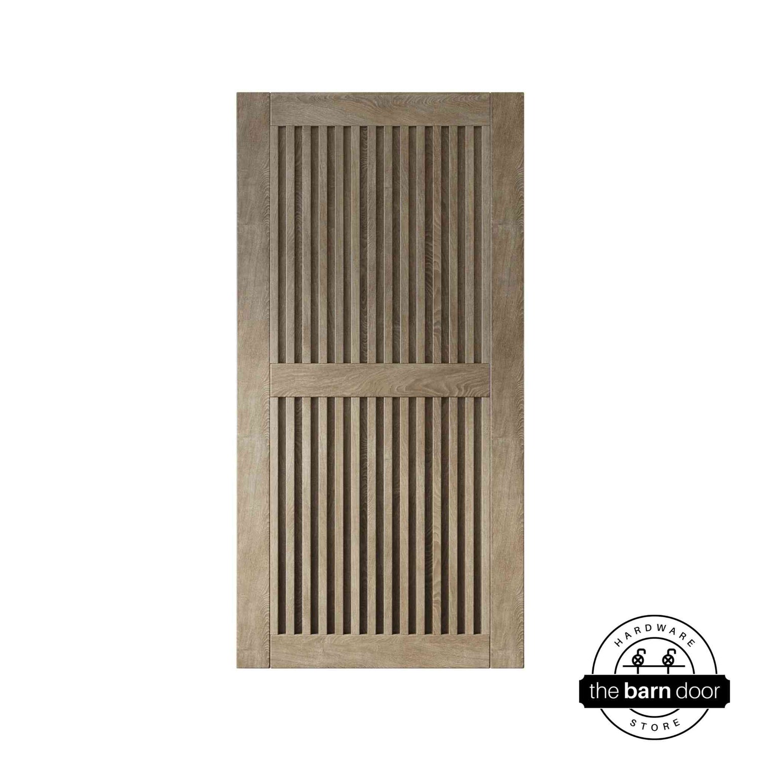 Classic gray wooden door with slatted design on a white background
