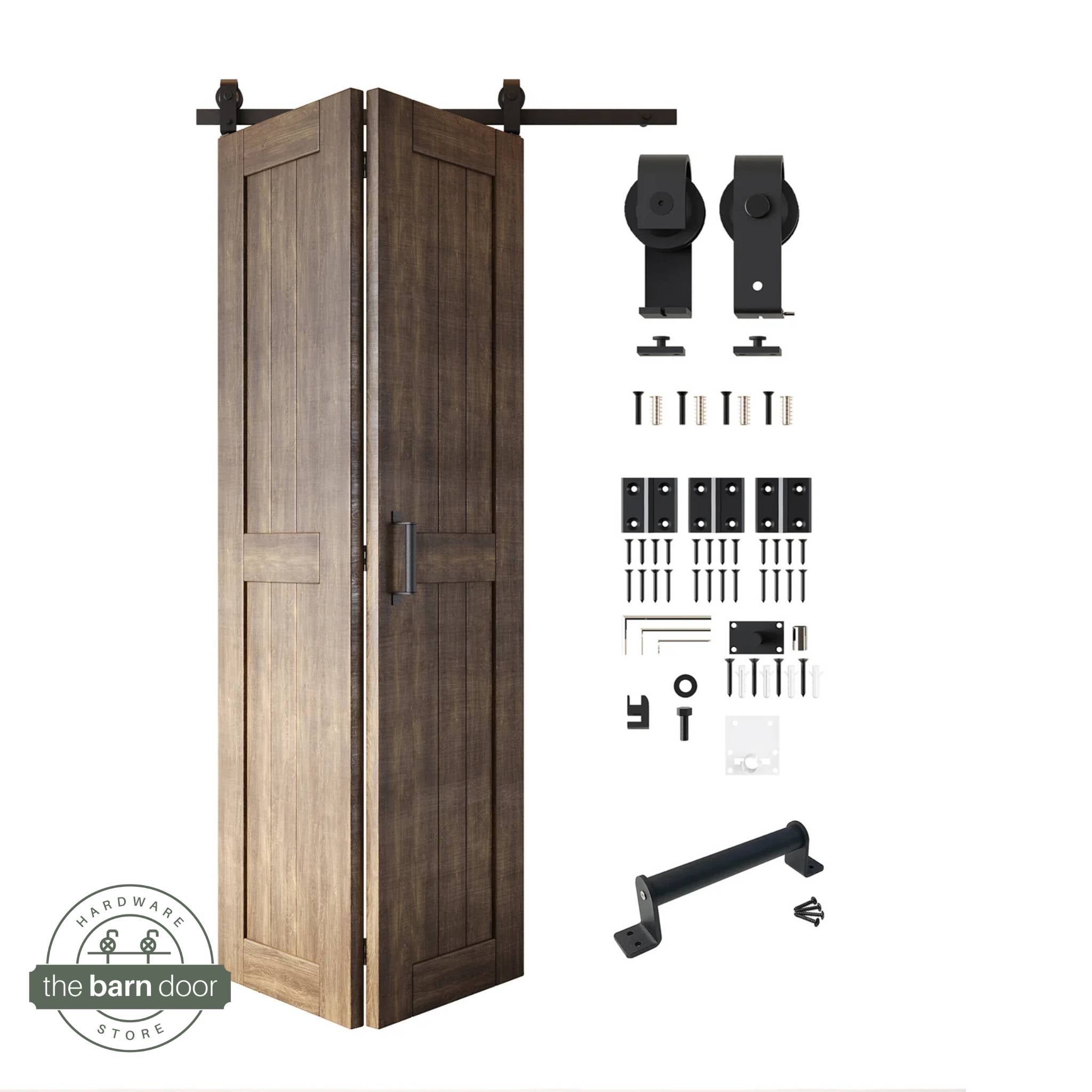 Full kit contents: Partially folded Dark Walnut finished 2-door bifold panels shown next to all hardware components (rollers, track, screws, handle) in Matte Black.