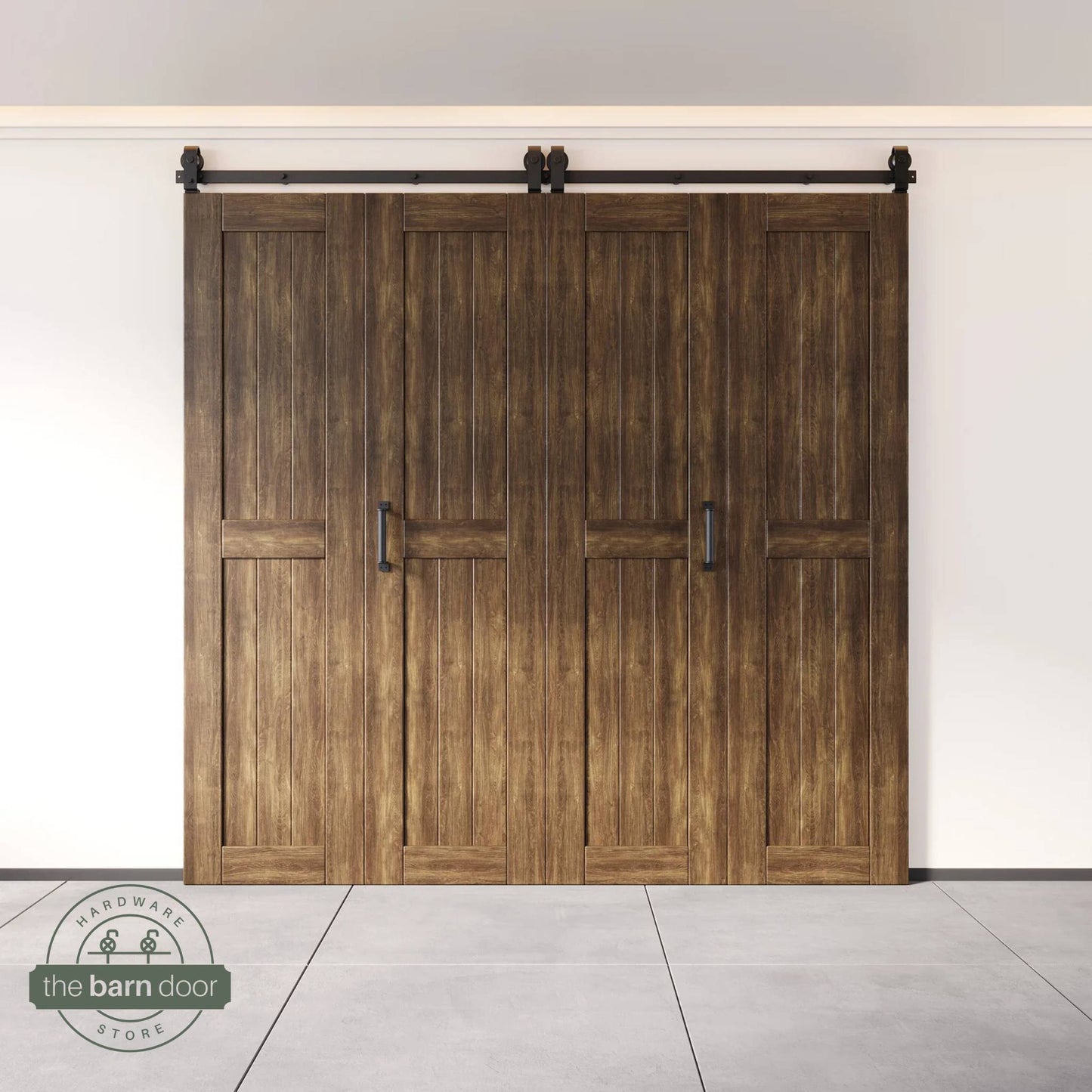 Four-panel bi-parting bifold barn door in a dark walnut finish, fully closed in a modern entryway, showing the top-mount Matte Black track.