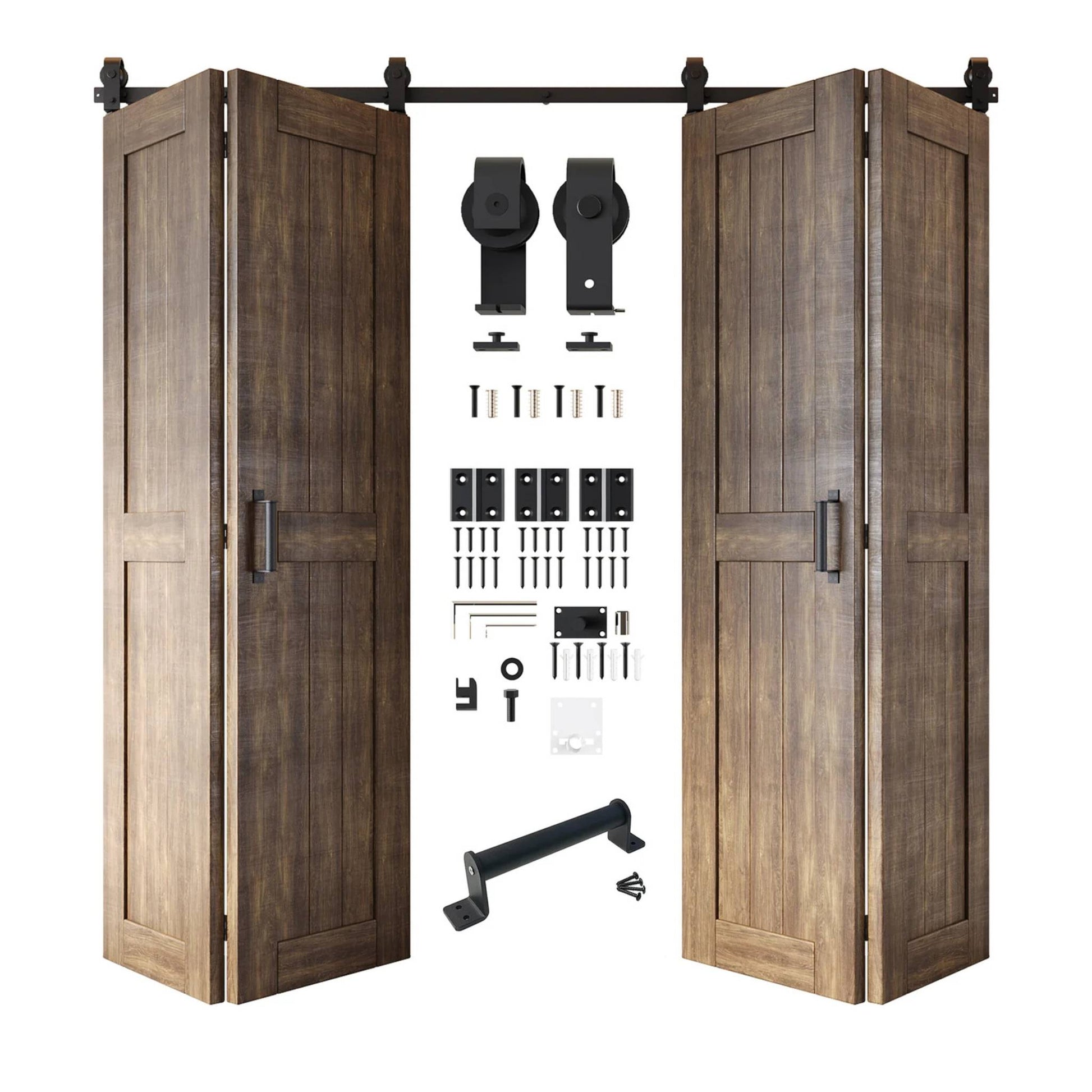 Full kit contents: Four open and partially folded dark walnut bifold door panels shown with all accompanying Matte Black top-mount hardware components.