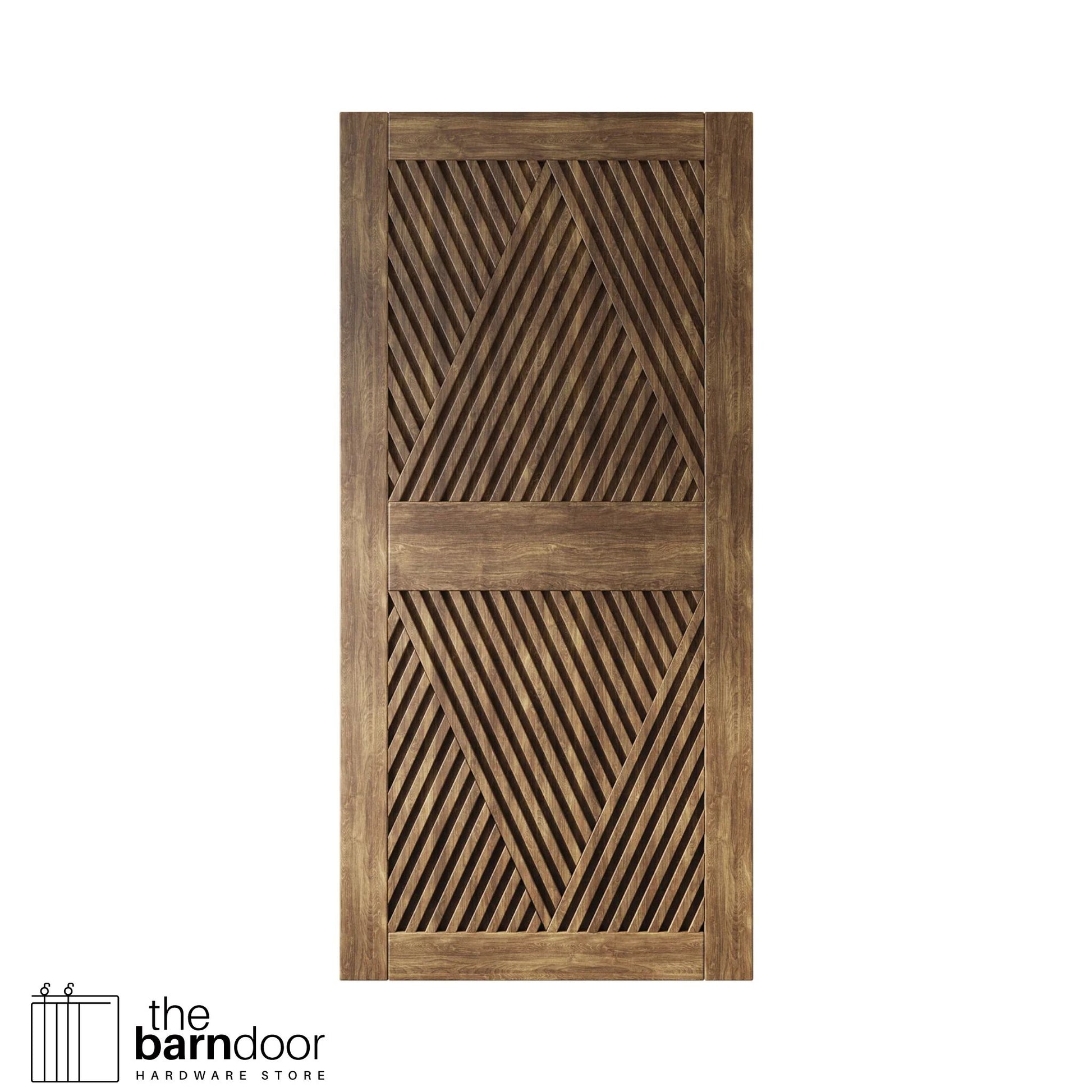 Close-up studio shot of a single dark walnut barn door panel featuring a striking slatted diamond geometric pattern.