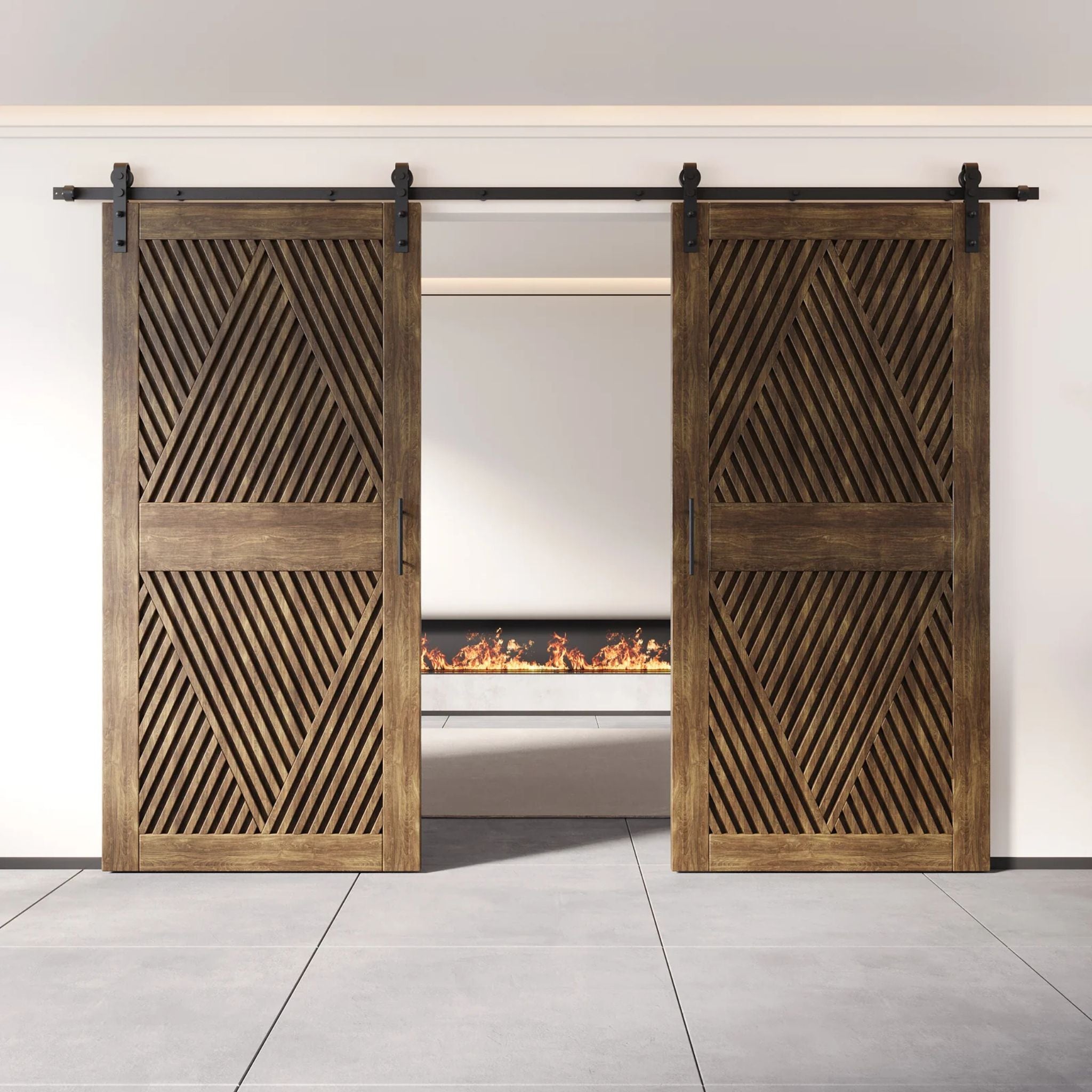 Two fully closed double barn doors in a dark walnut finish, featuring a bold, intricate diamond slat pattern. The doors are installed with black sliding hardware against a white wall, revealing a modern linear fireplace in the space behind them.