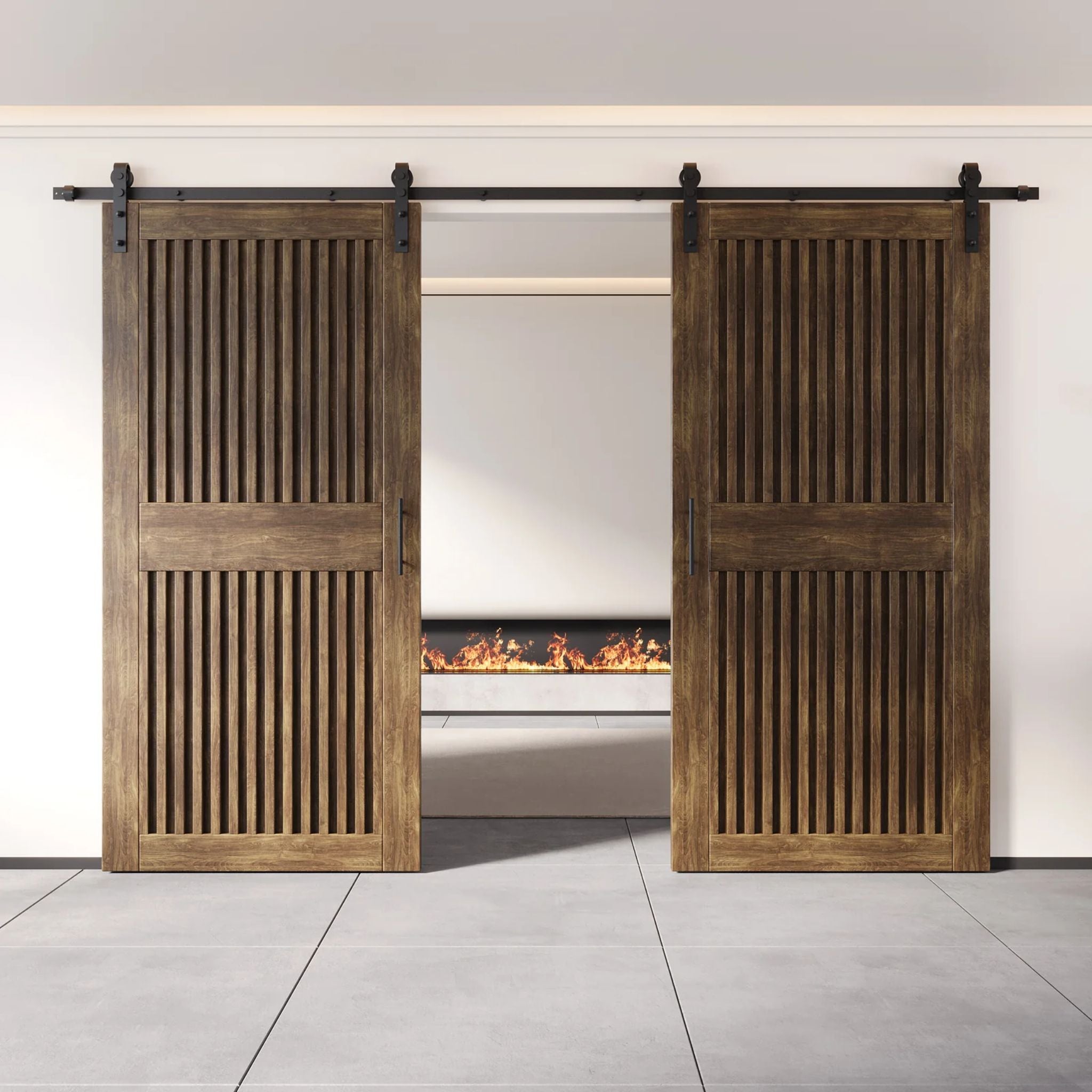 Pair of wooden sliding doors with metal tracks in a modern interior setting.