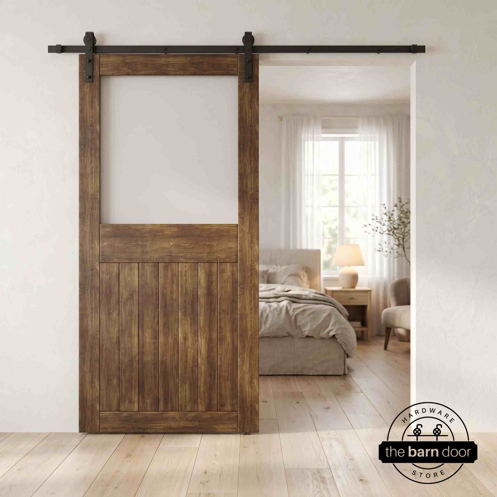Dark Walnut sliding half-lite frosted glass barn door in a modern interior setting with a desk and shelves.