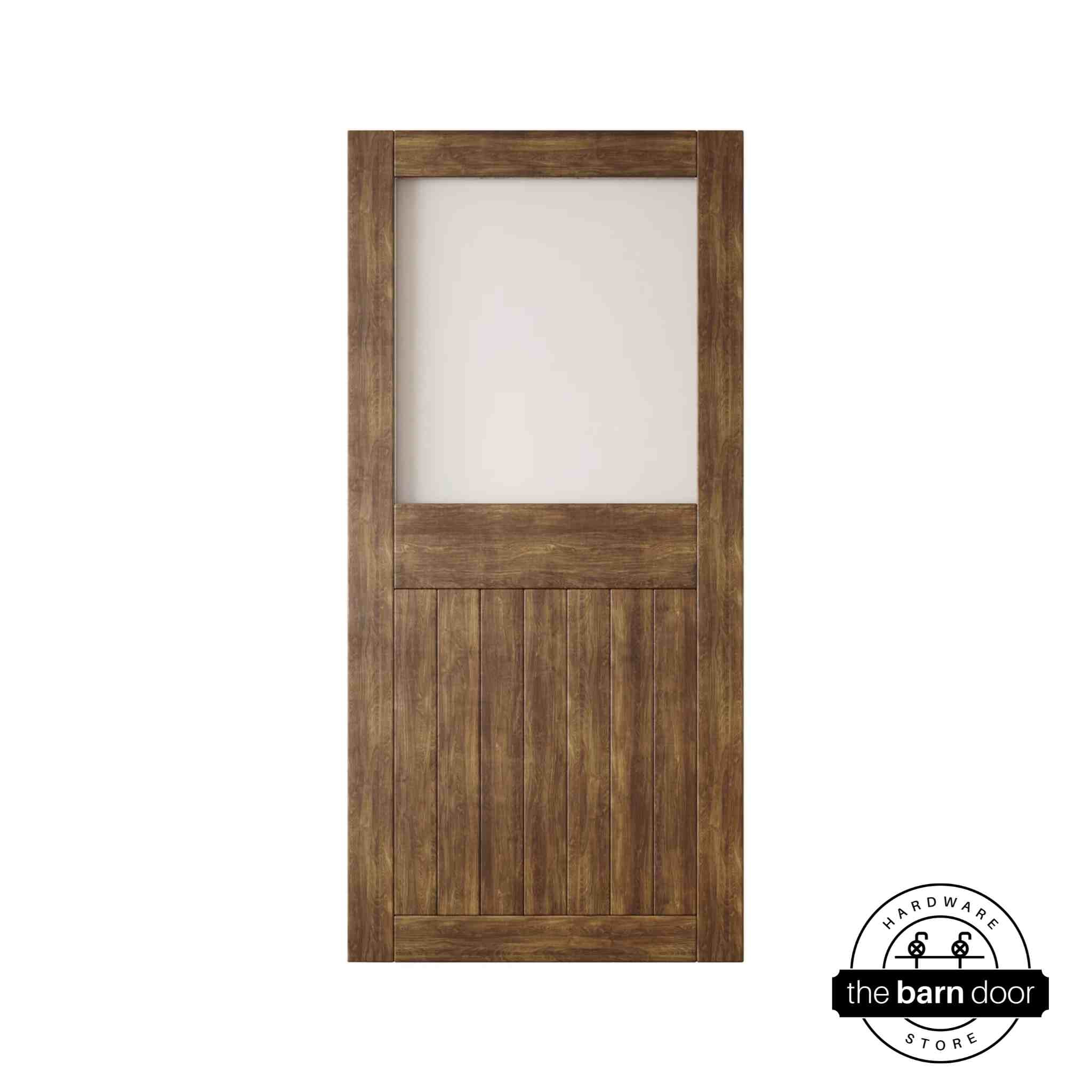 Dark walnut wooden half-lite frosted glass barn door with horizontal slats on a white background