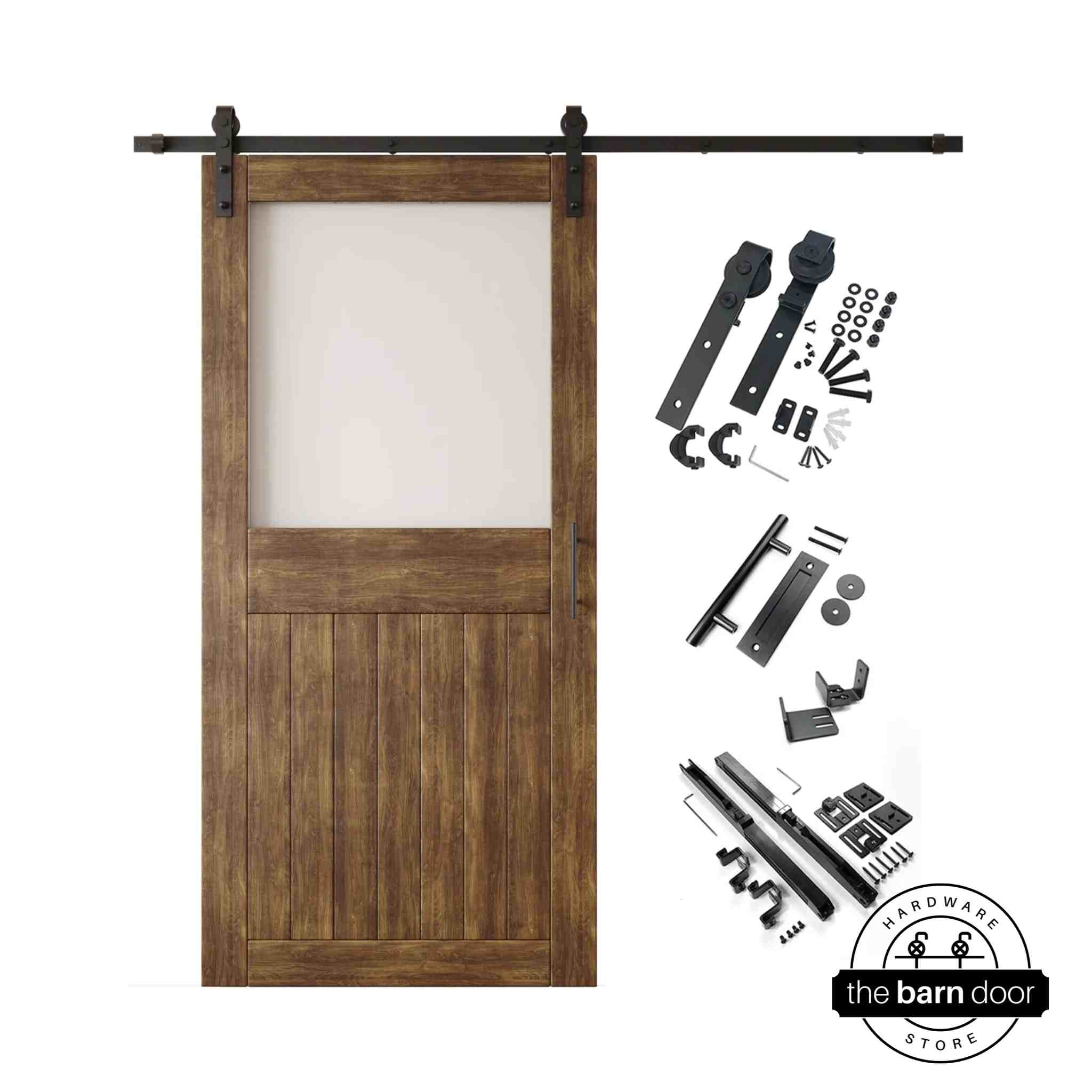 Dark walnut half-lite barn door kit with wooden door, hardware, and components on a white background