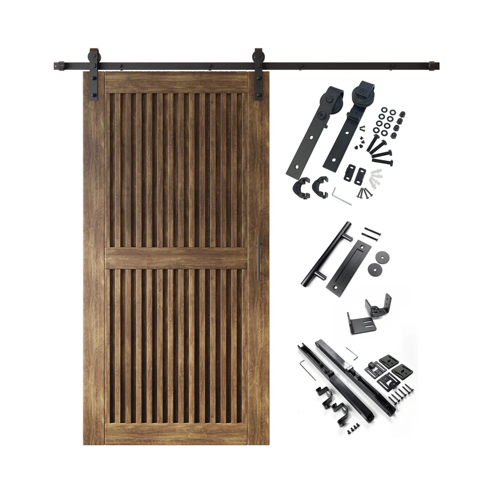 Dark walnut barn door kit with wooden door, hardware, and installation parts on a white background