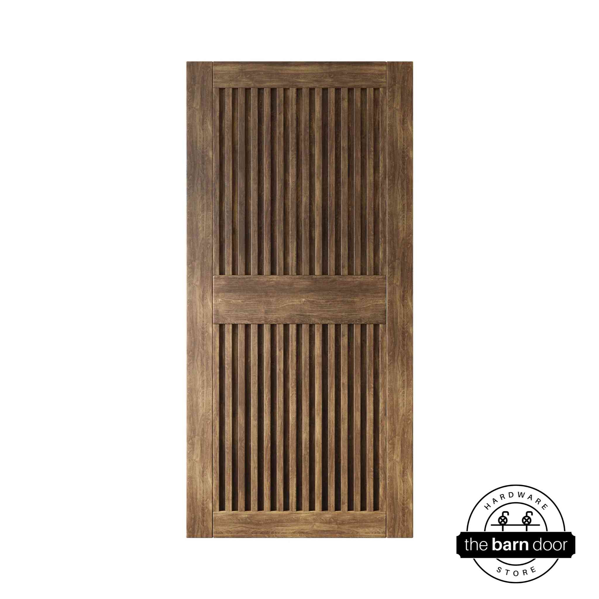 Dark walnut wooden door with slatted design on a white background