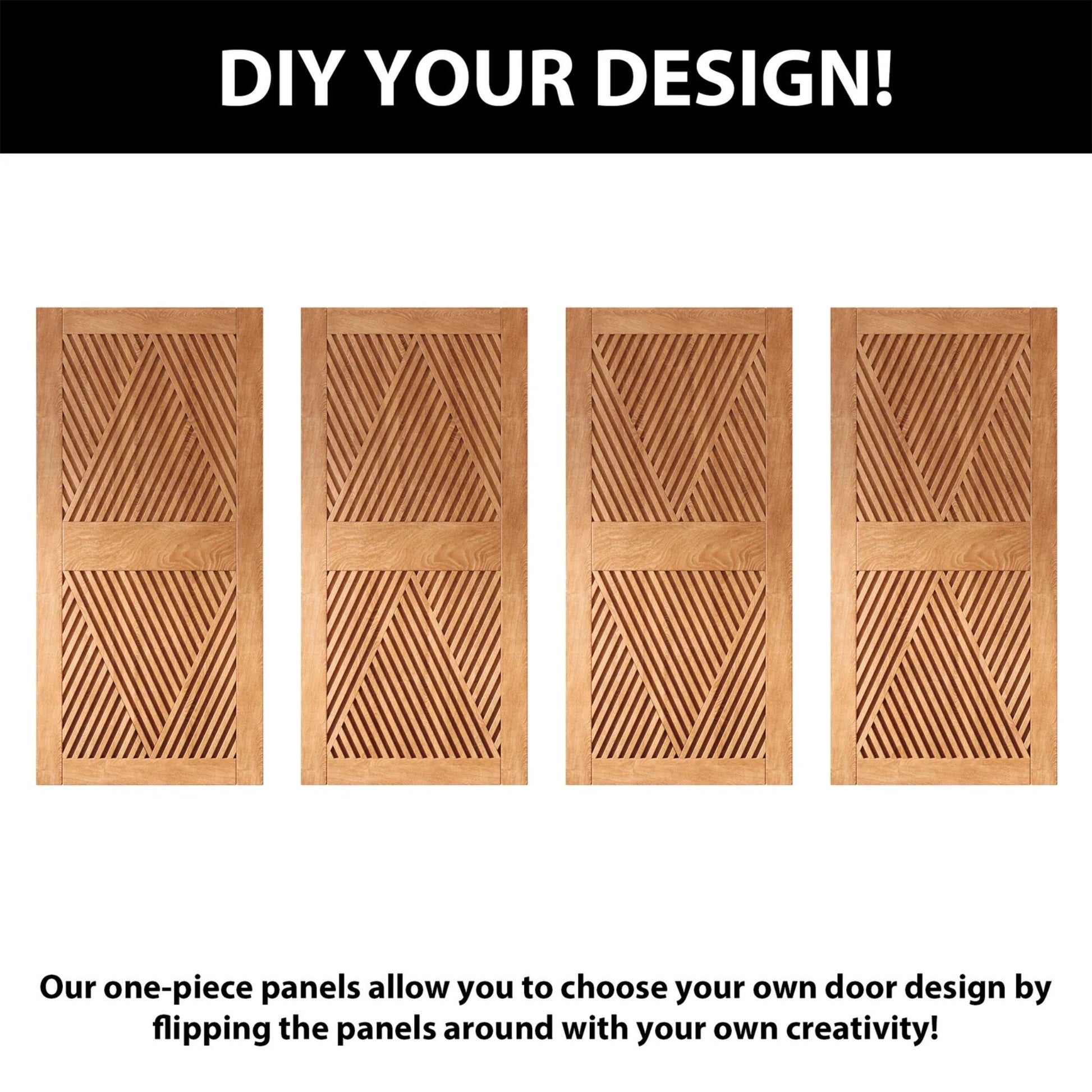Four interchangeable, unassembled pine wood panels with slatted diamond designs, illustrating the ability to DIY and customize the final pattern by flipping the panels.