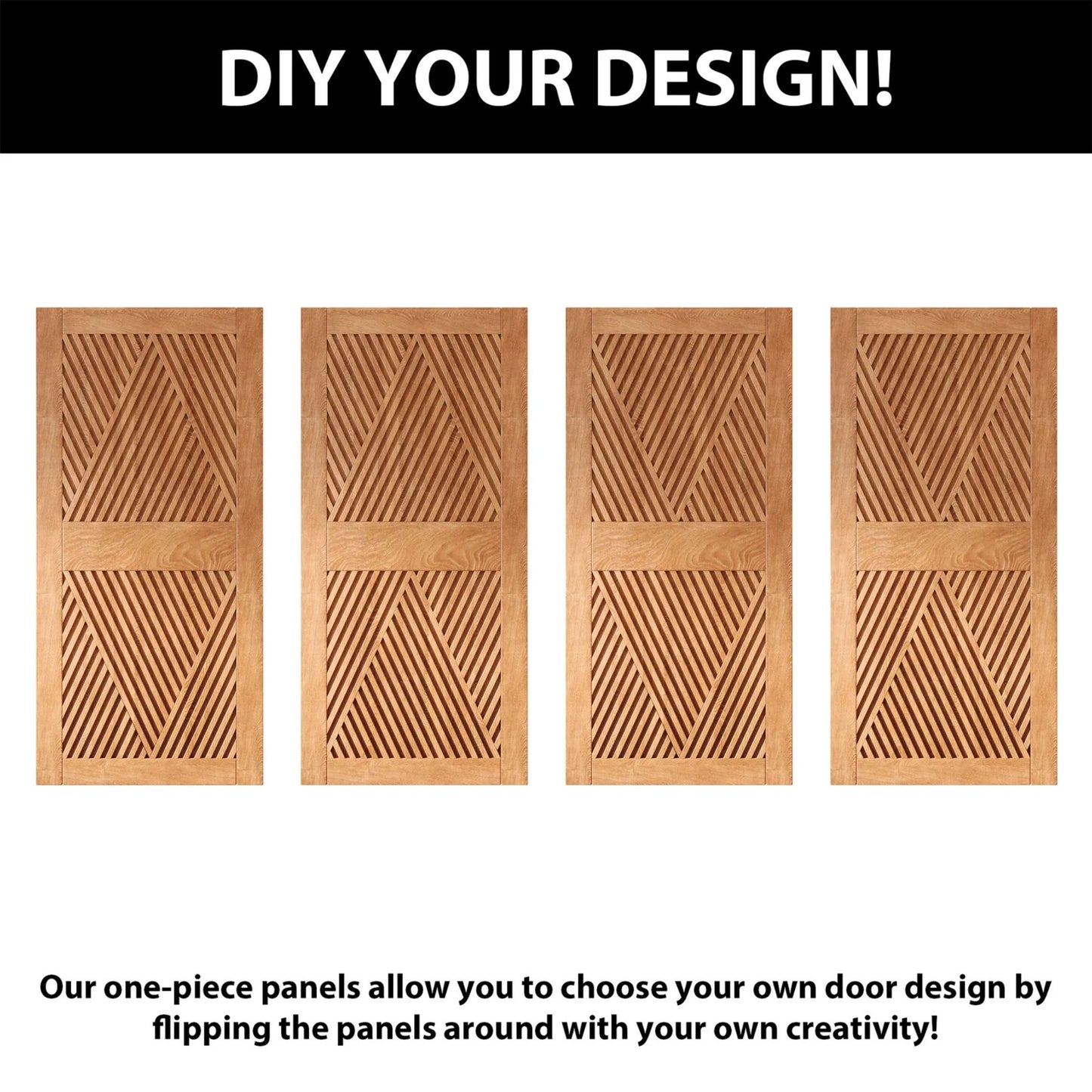 Four interchangeable, unassembled pine wood panels with slatted diamond designs, illustrating the ability to DIY and customize the final pattern by flipping the panels.