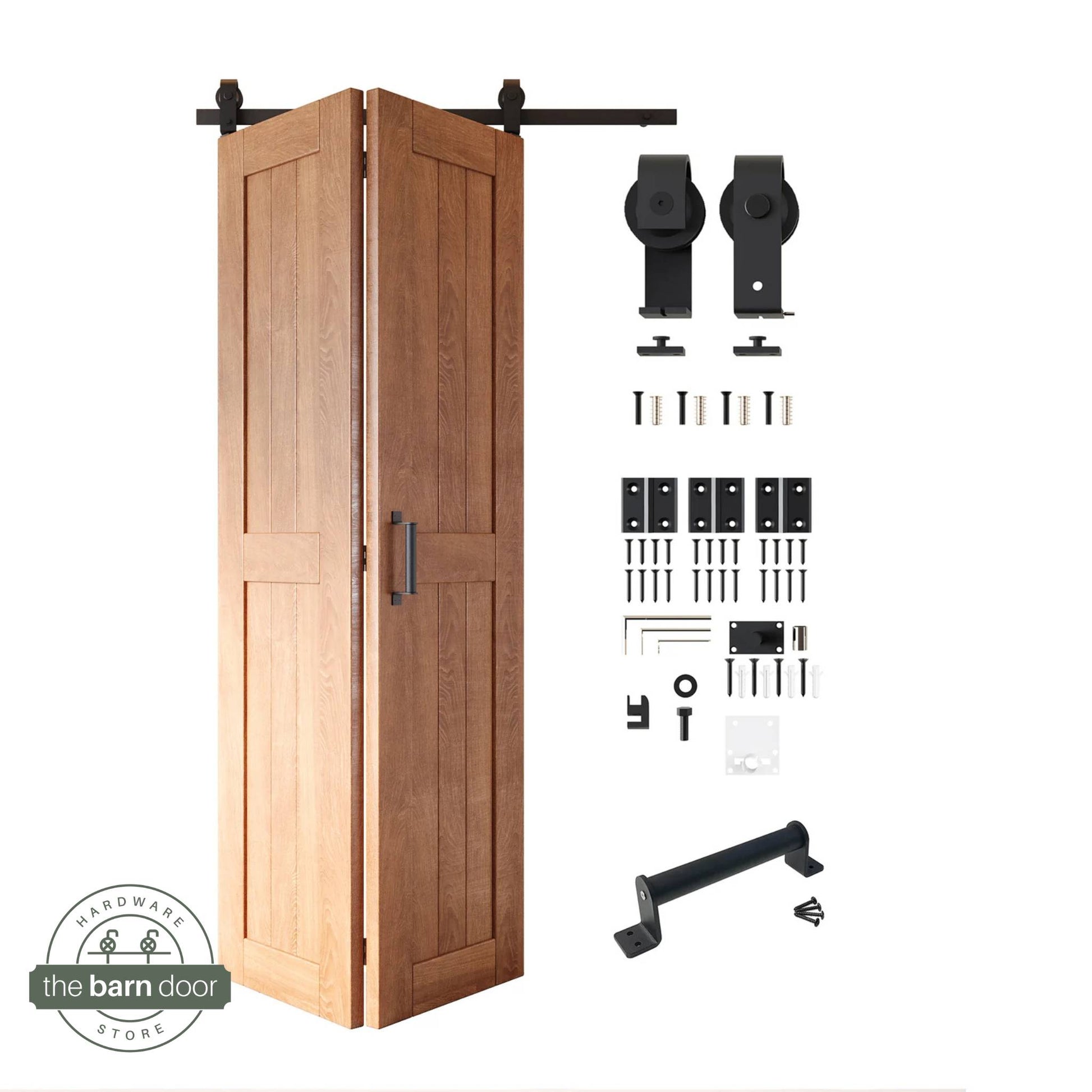 Full kit contents: Partially folded Early American finished 2-door bifold panels shown next to all hardware components (rollers, track, screws, handle) in Matte Black.