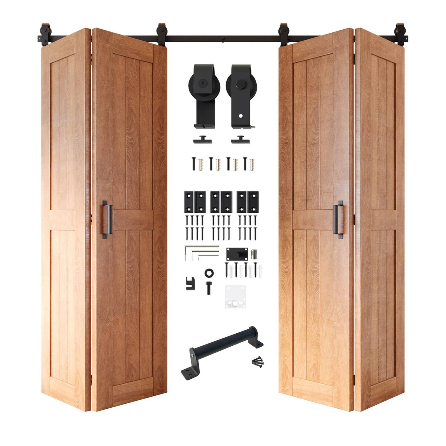 Full kit contents: Four open and partially folded early American bifold door panels shown with all accompanying Matte Black top-mount hardware components.