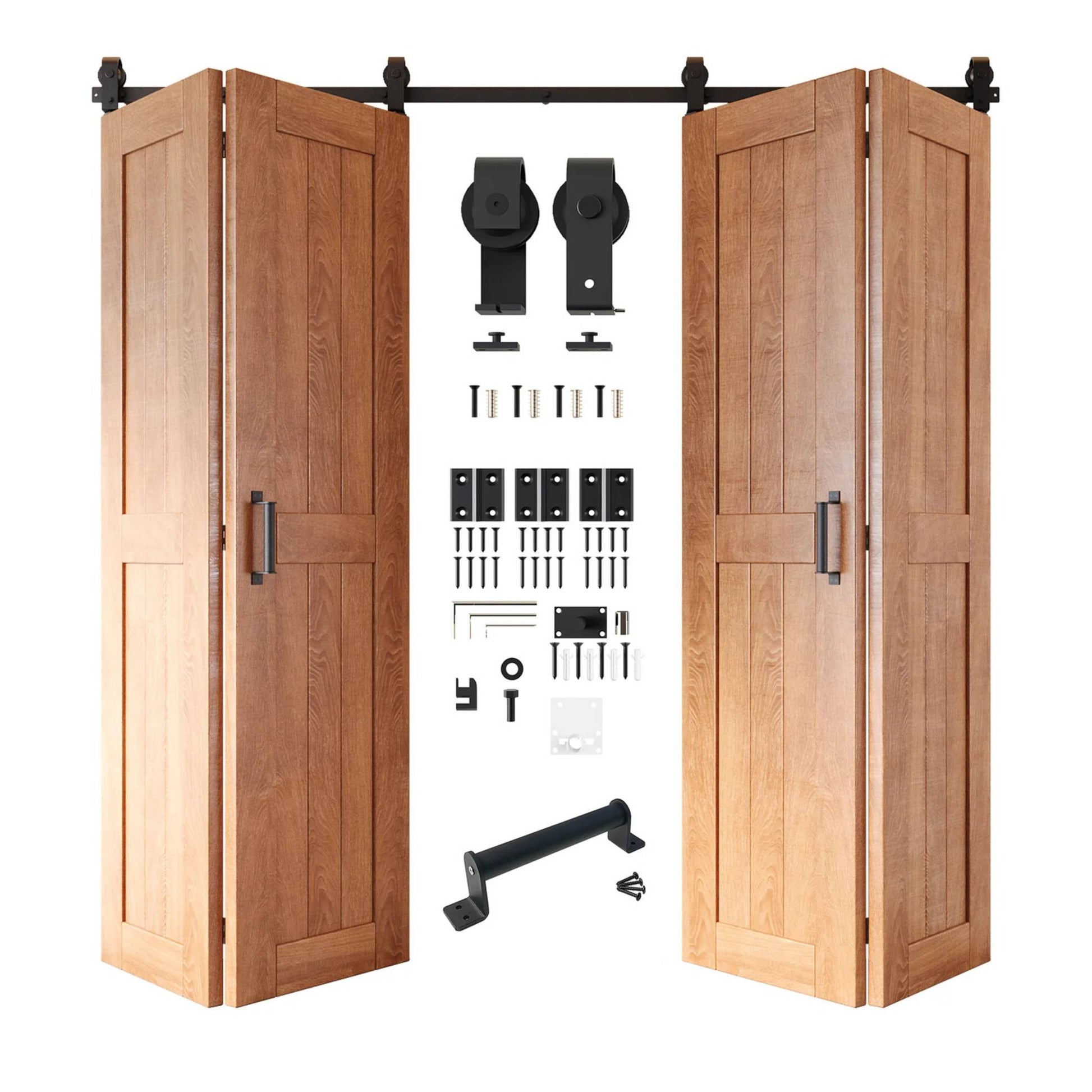 Full kit contents: Four open and partially folded early American bifold door panels shown with all accompanying Matte Black top-mount hardware components.