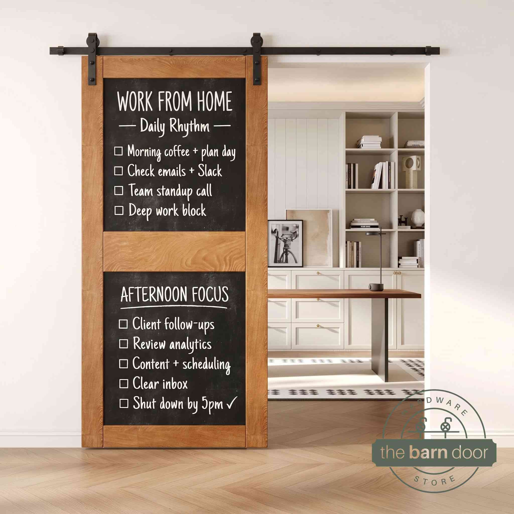 An Early American two-panel chalkboard barn door mounted on a sleek black sliding track, shown partially open to reveal a modern home office with built-in white shelving.